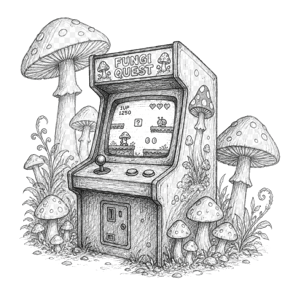 A black and white drawing of a vintage arcade game called 'Fungi Quest' surrounded by large mushrooms and foliage, with game controls including a joystick and buttons.