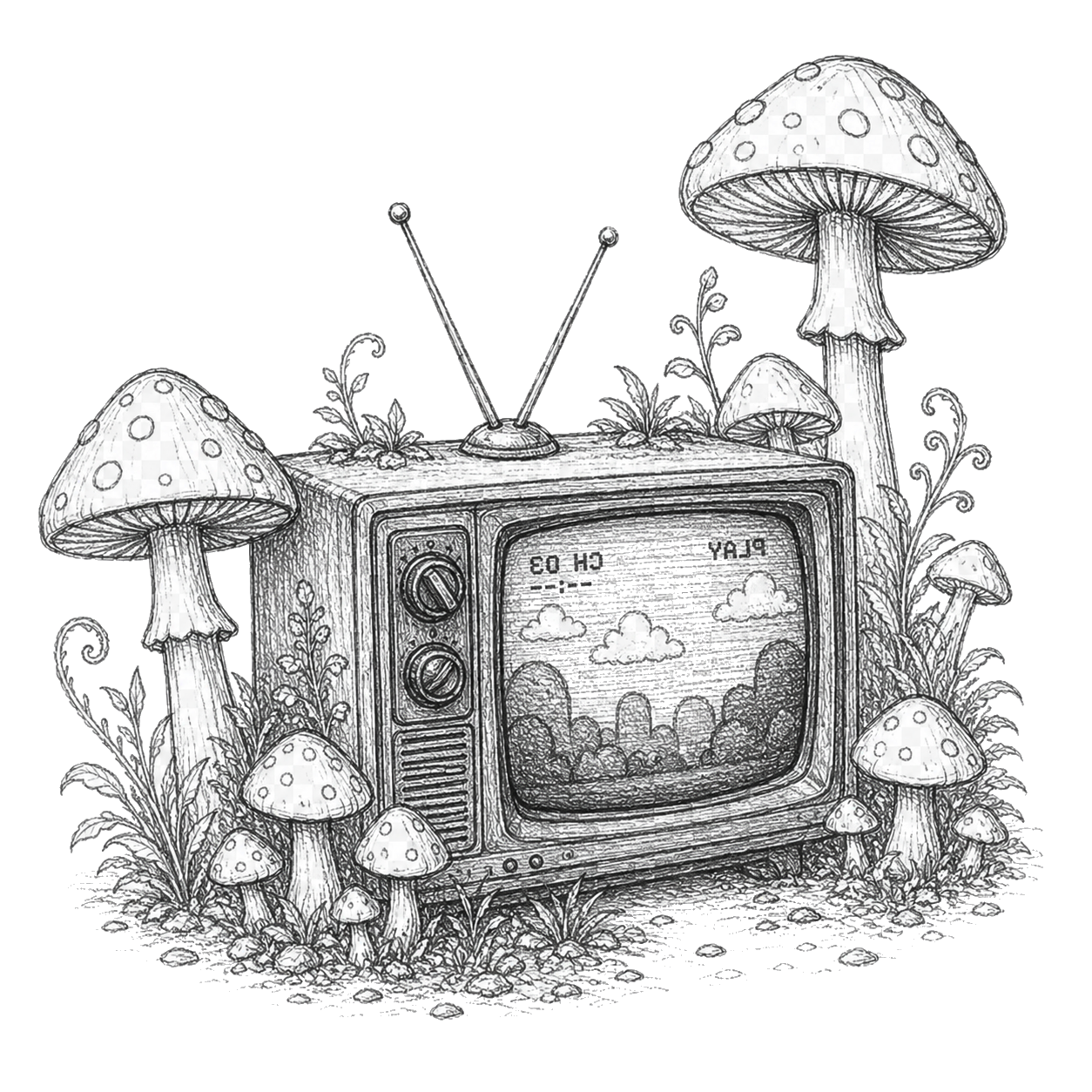 A black and white drawing of an old television surrounded by large mushrooms and plants, with clouds shown on the TV screen.