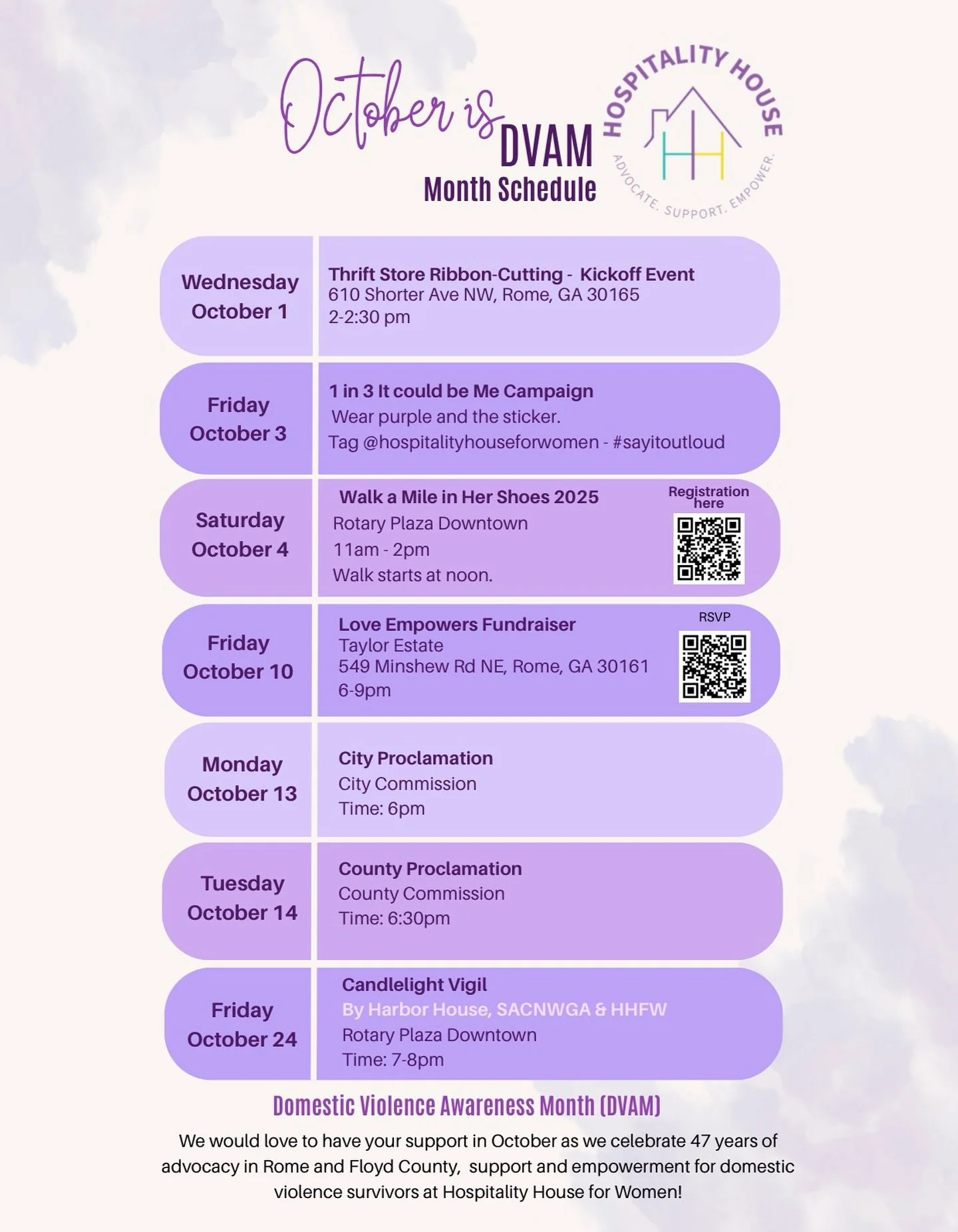 📅DVAM -Event Scheduele

Join Hospitality House For Women for a month o powerful events: kickoff event, awareness day, 18th Annual Walk a Mile in Her Shoes(WAM) , Love Empowers Gala, trainings, proclamations, community resource fairs, Candleligth vig