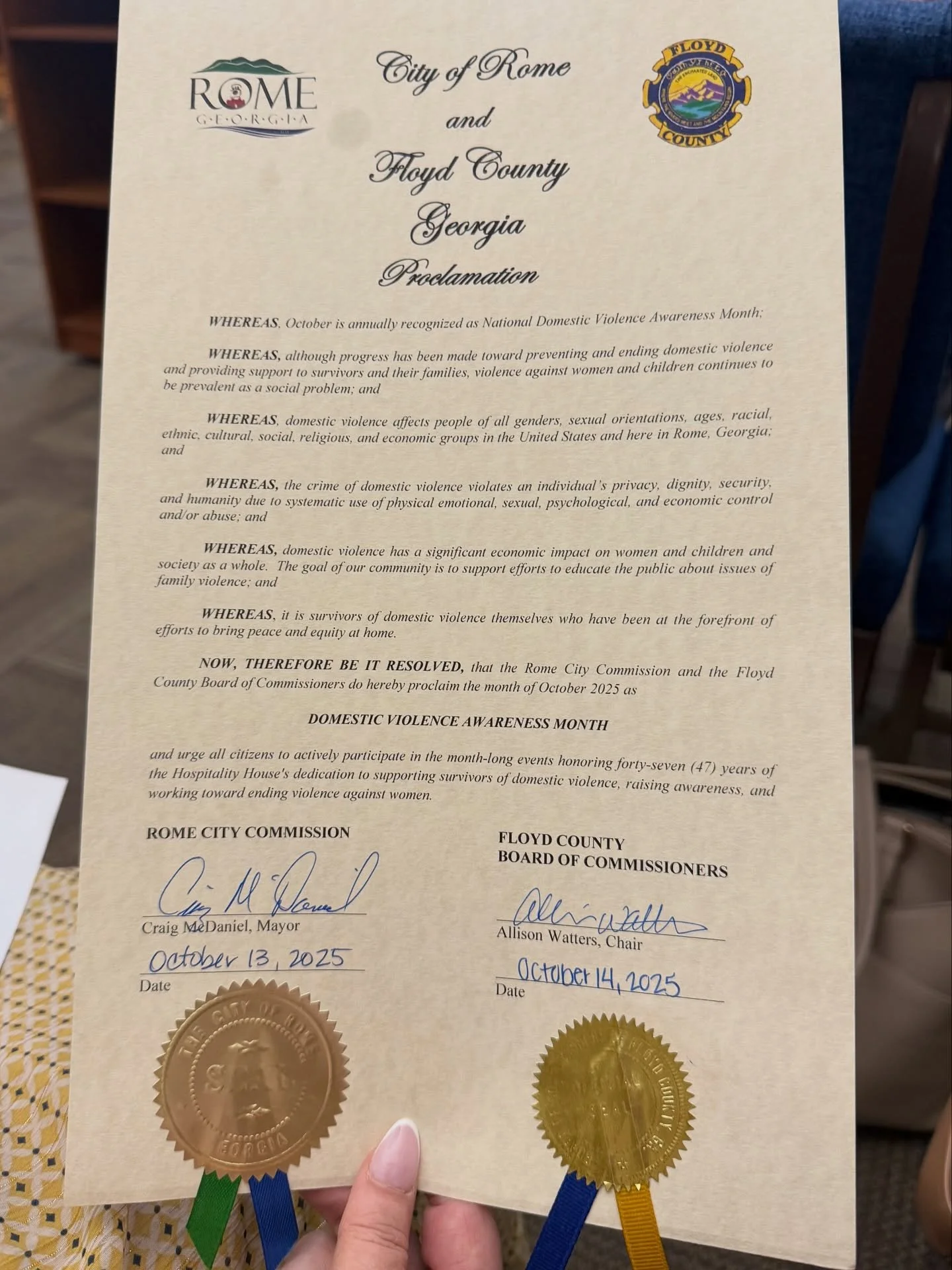 This week we had the honor of receiving proclamations from both the City of Rome and Floyd County, officially recognizing October as Domestic Violence Awareness Month (DVAM).

We&rsquo;re so grateful to our City and Floyd County Commissioners, and ou
