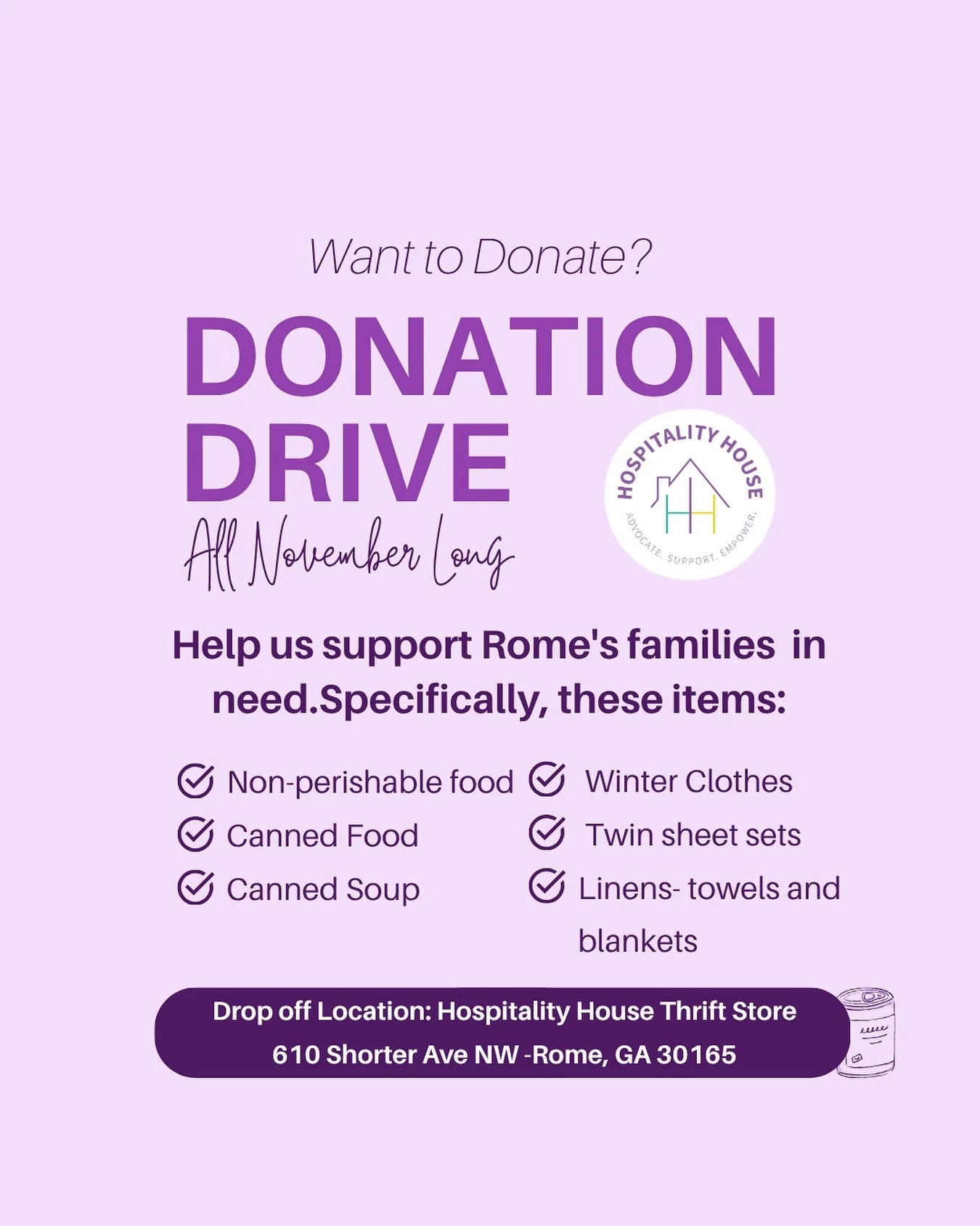 Help Hospitality House and domestic violence survivors!

There are many ways to get involved, you can support our shelter by getting items on our list and make a difference!

You can drop off any of these items at our Thirft Store located at 610 Shor