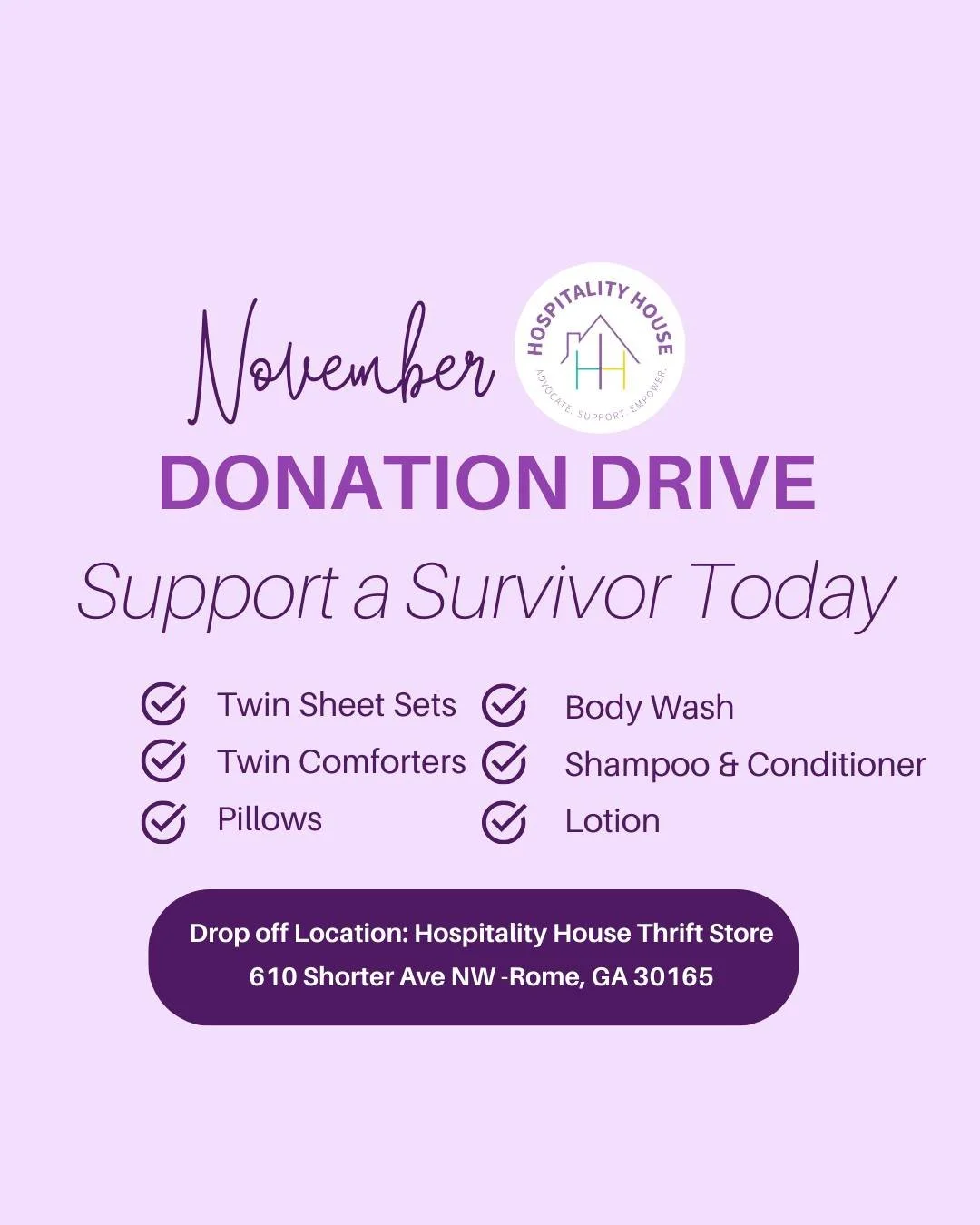 Help Hospitality House and domestic violence survivors!
There are many ways to get involved, you can support our shelter by getting items on our list and make a difference! You can drop off any of these items at our Thrift Store located at 610 Shorte