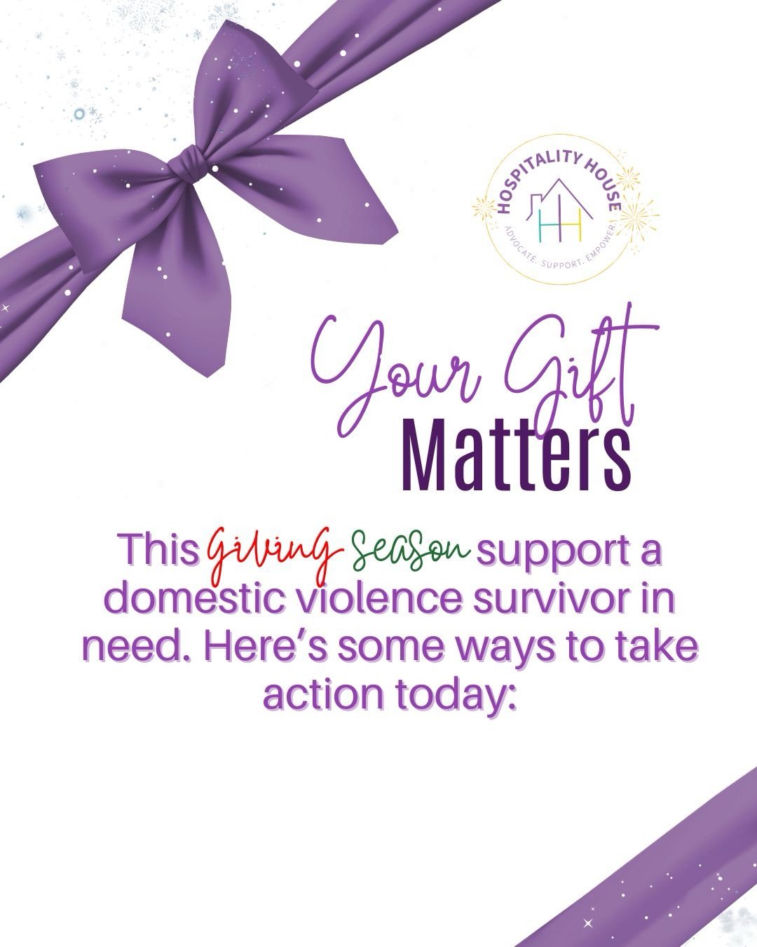 ✨🎄This season of giving, YOU can make a real impact🎄✨

This holiday season we invite you to make a difference by supporting domestic violence survivors.All donation helps to provide safety, hope, and a fresh start for survivors right here in our ow