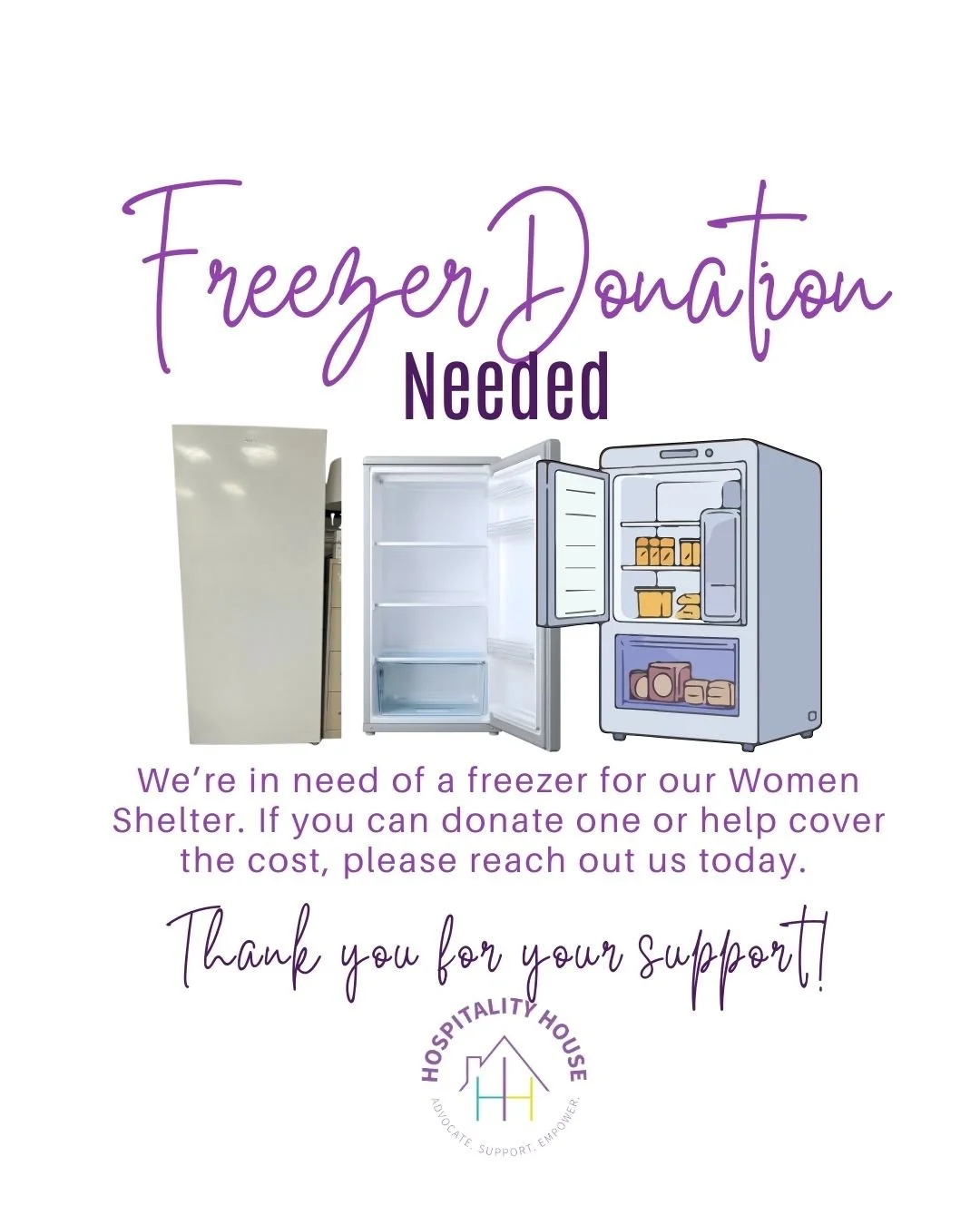 Dear Community: we need a Freezer!
Our shelter is in urgent need of a full-sized freezer to store meals for families and children recovering from domestic violence. If you can donate a freezer or help cover the cost, you can make a real difference to