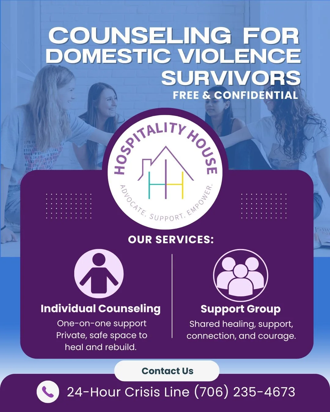 Healing is possible, and you don&rsquo;t have to do it alone!
Hospitality House provides a number of counseling sessions for survivors actively fleeing domestic violence to help them work through trauma and begin the healing process. Counseling is in
