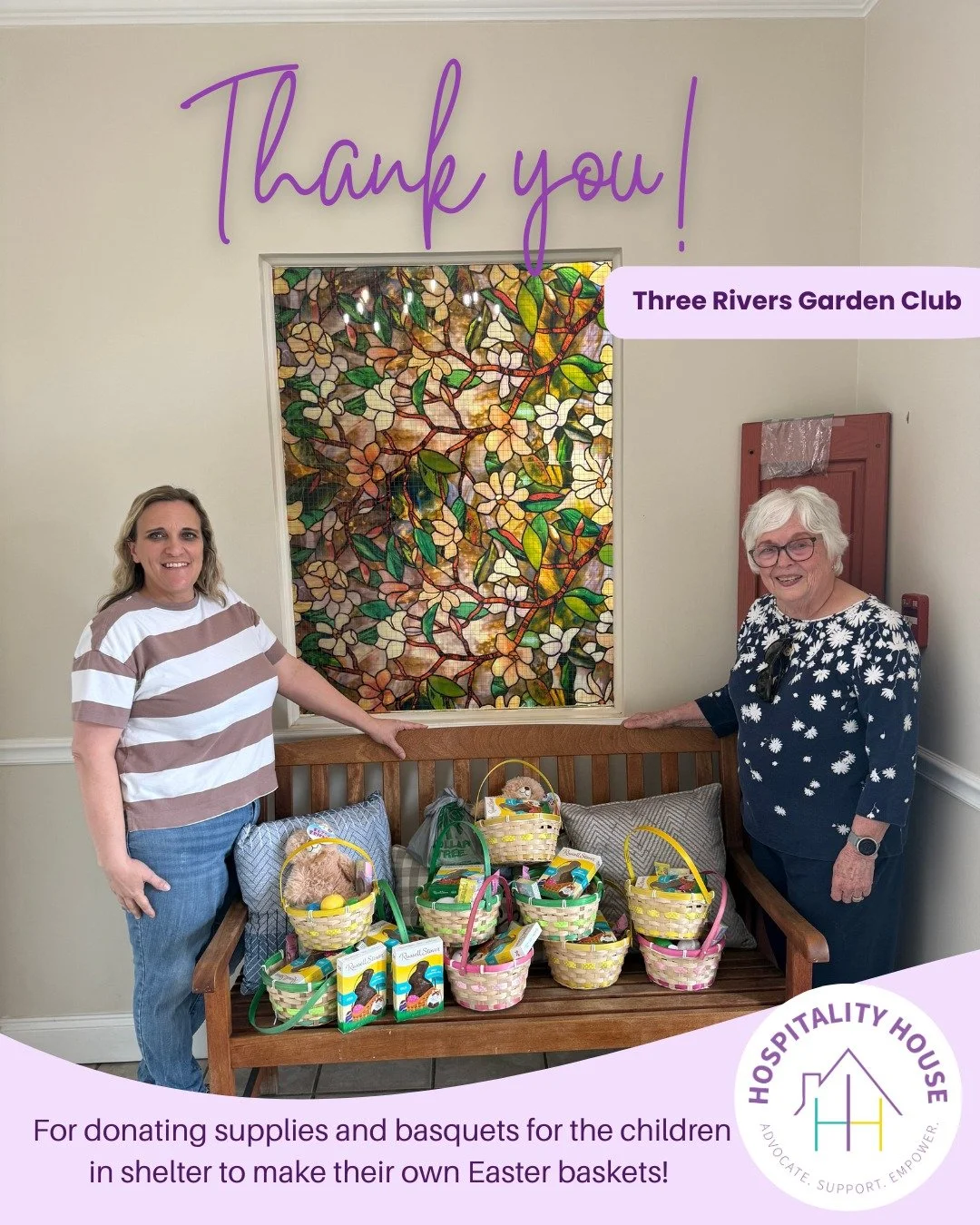 Big thank you to The Three Rivers Garden Club, and RCMHC STAR Program for the generous supplies and Easter baskets for the ladies and children at the shelter. They had a wonderful  Easter and egg hunt! 

Un gran agradecimiento a The Three Rivers Gard