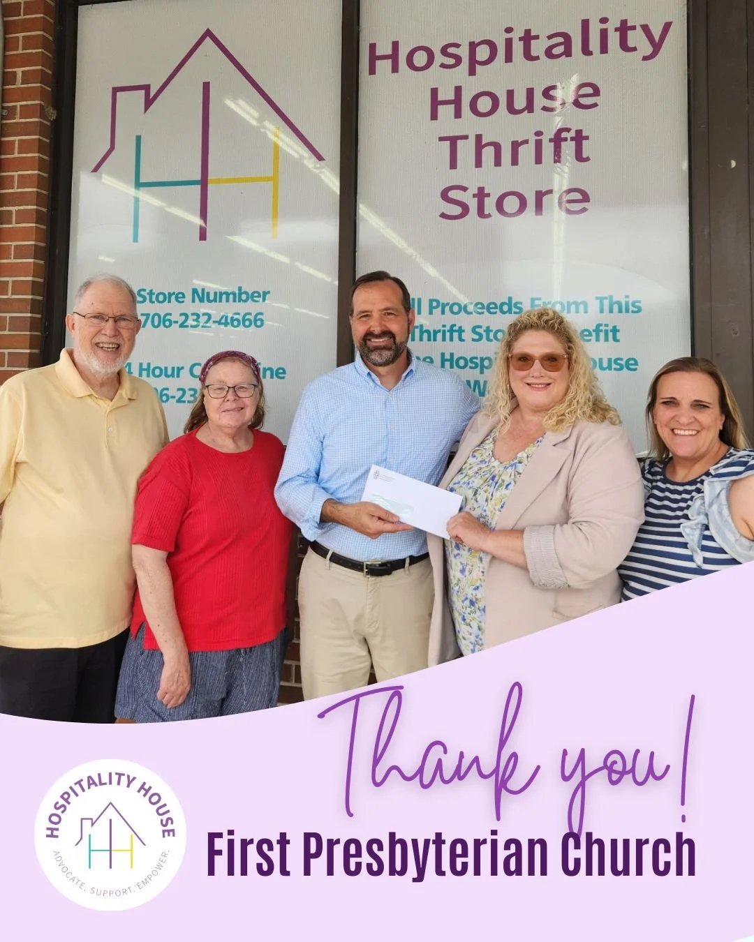 A heartfelt thank you to Pastor Jonathan Schwartz, and the entire First Presbyterian Church family for your generous donation to support  domestic violence survivors. We are also grateful to Larry and Carol Brown, a wonderful couple from the Church f
