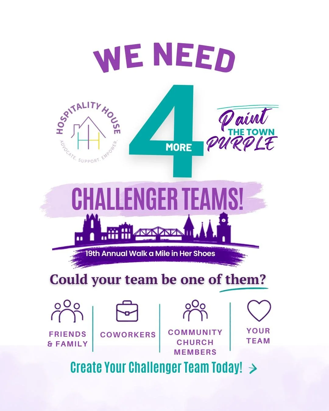 💜ROME, WE NEED YOU💜
We&rsquo;re down to 4 MORE CHALLENGER TEAMS!
That means one team has already stepped up, and we&rsquo;re looking for 4 more to join us in Painting the Town Purple this October.

Could your team be next?
DM us or email aharris@hh