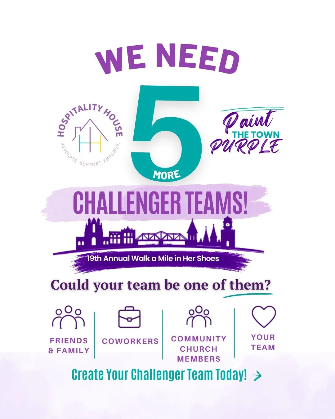 💜ROME, WE NEED YOU
We&rsquo;re looking for 5 more Challenger Teams to help us Paint the Town Purple this October! 

Bring your friends, family, coworkers, or community together and stand with domestic violence survivors. This is more than a walk! It