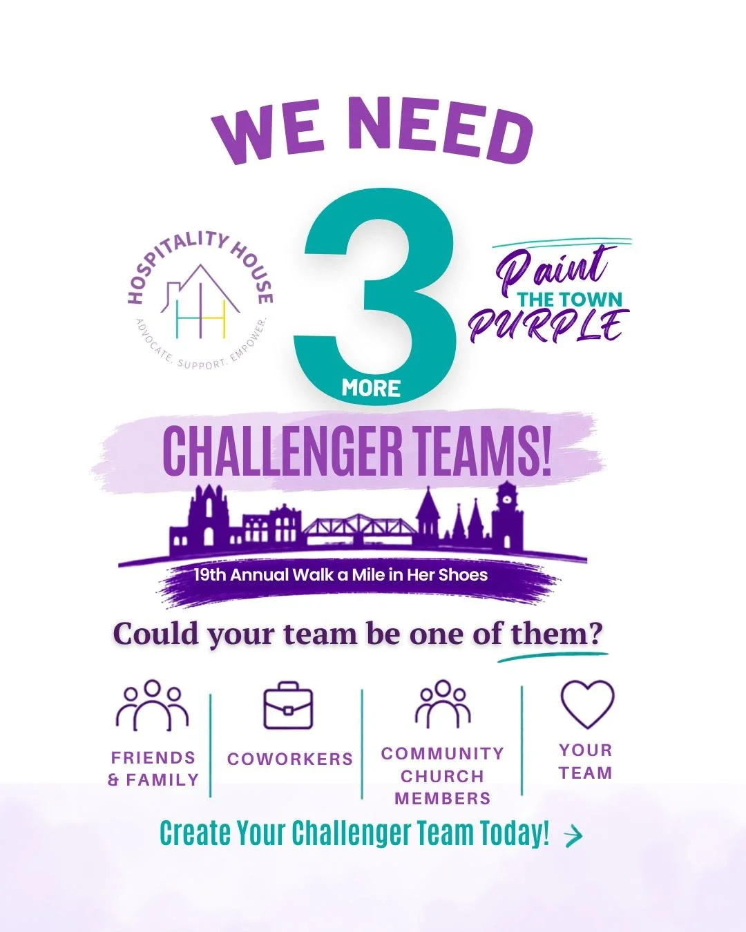 💜ROME, WE NEED YOU💜
We&rsquo;re down to 3 MORE CHALLENGER TEAMS!
That means one team has already stepped up, and we&rsquo;re looking for 3 more to join us in Painting the Town Purple this October.

Could your team be next?
DM us or email aharris@hh