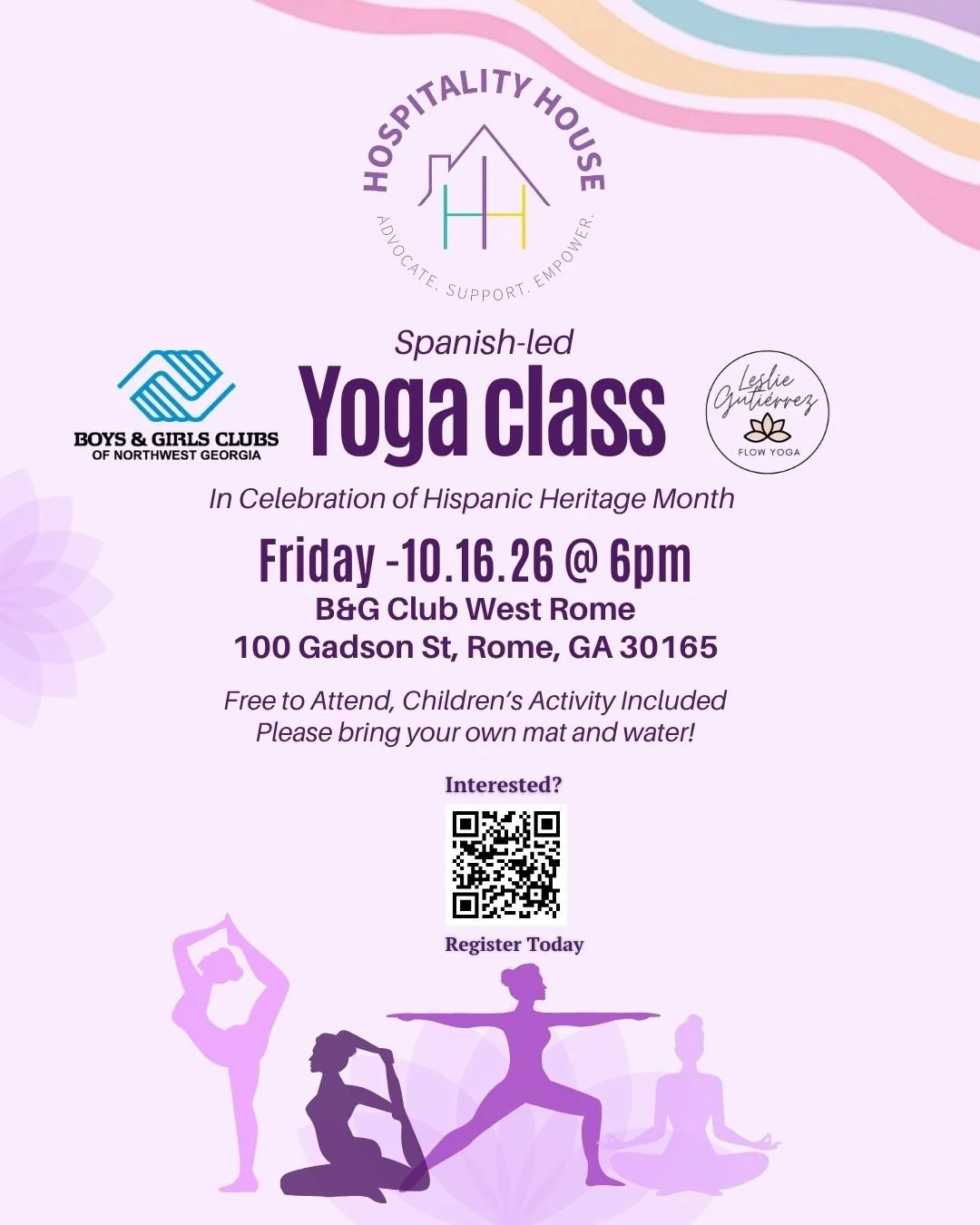 You're Invited!
Friday, October 16 at 6pm, Hospitality House For Women and B&amp;G Club of Northwest GA will be hosting a Spanish-led yoga class with instructor Leslie Gutierrez from Flow Yoga! We're excited to close out Hispanic Heritage month with 