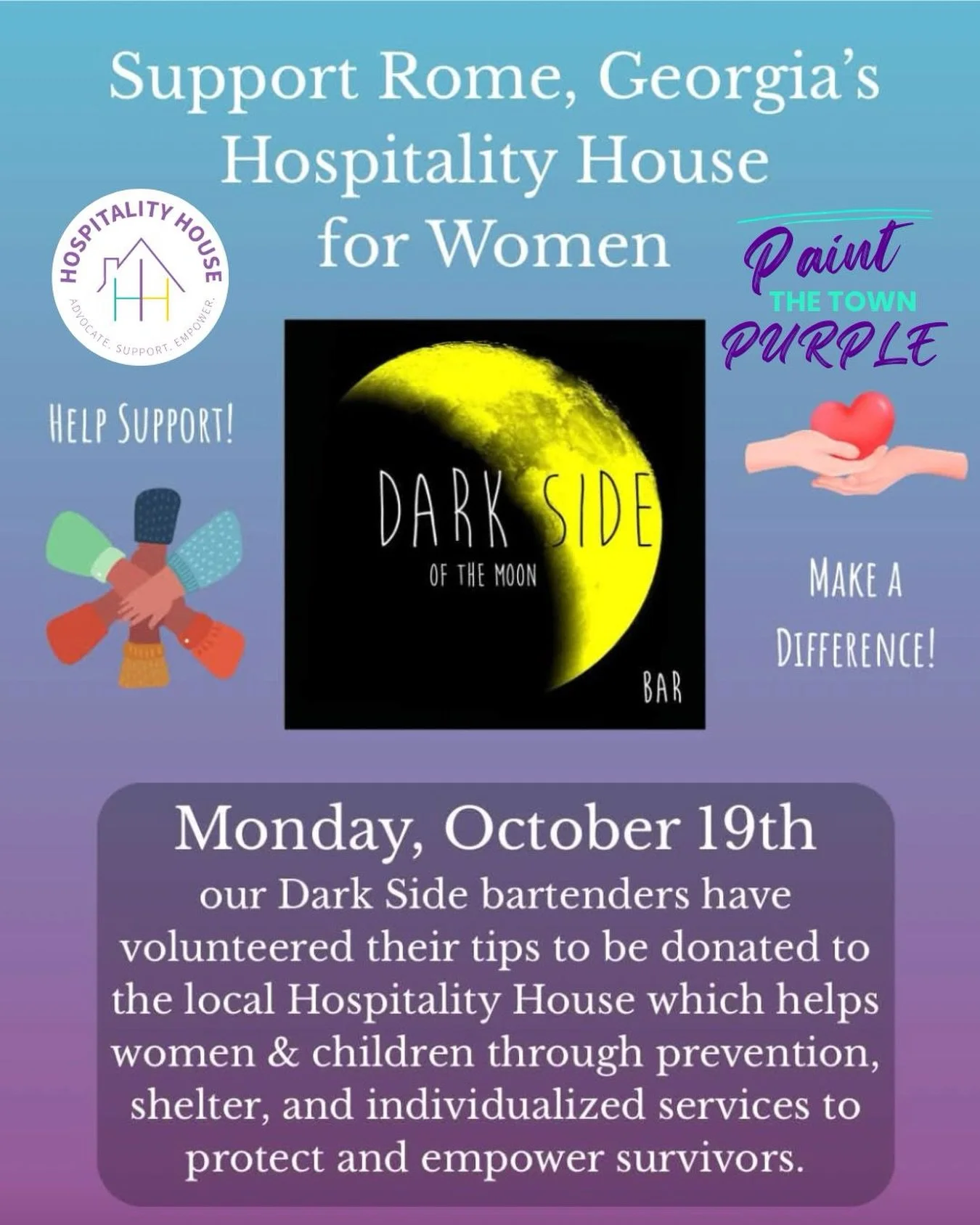 🍸ROME, LET&rsquo;S RAISE A GLASS FOR A GOOD CAUSE! 

On October 19, two amazing bartenders Randa and Morgan are donating their tips to support Paint the Town Purple and Hospitality House for Women! Come to The Dark Side next Monday for a good cause 