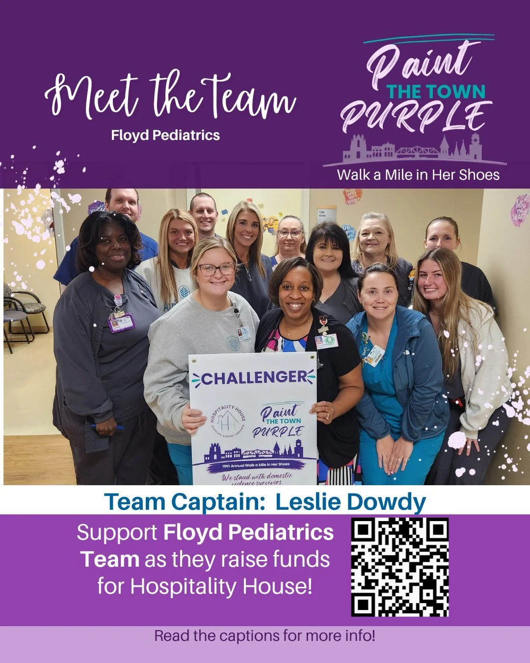 ✨PURPLE POWER: MEET TEAM  FLOYD PEDIATRICS✨
A special thank you to Leslie Dowdy, our Team Captain, and Team Floyd Pediatrics for standing with Hospitality House for Women to support survivors of domestic violence.

Your support helps raise awareness,
