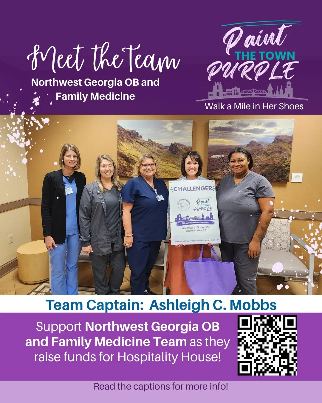 💜 Purple Power: Meet Team Northwest Georgia OB and Family 💜
Introducing Ashleigh C. Mobbs, our Team Captain, and Team Northwest Georgia OB and Family for standing with Hospitality House for Women to support survivors of domestic violence.

Your wor