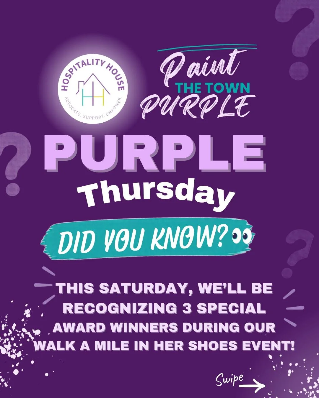 PURPLE DAYS SERIES!
Three recognitions. One powerful mission.

🏆 Grand Challenger Team
💜 United Voices
👚 Courage in Color

This Saturday, wear purple, bring your crew, and help us Paint the Town Purple! 💜

📍 Sara Hightower Library Garden
📅 Octo