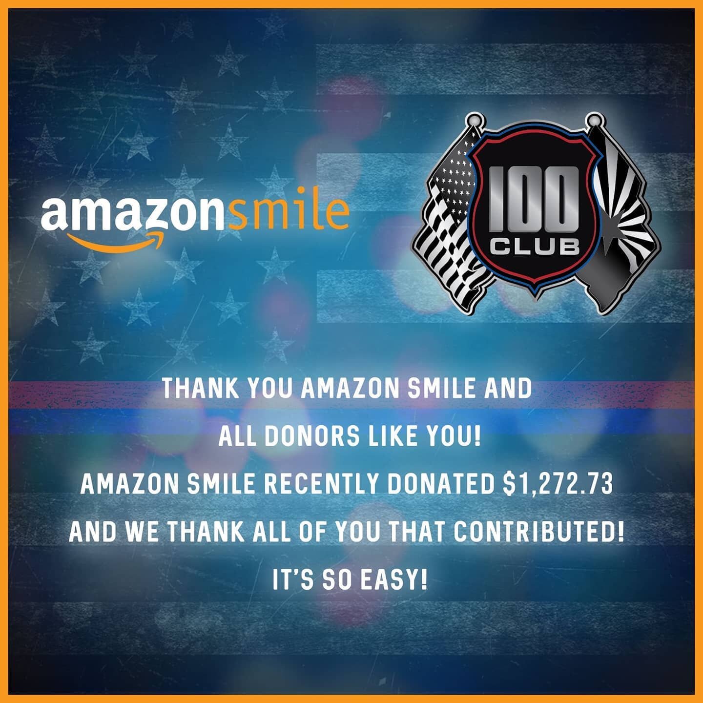 How incredible!! Thanks so much to AmazonSmile and all donors for recently donating $1,272.73 to the 100 Club of Arizona! Support from people like you shopping on Amazon Smile not only helps provide resources for public safety workers and their famil