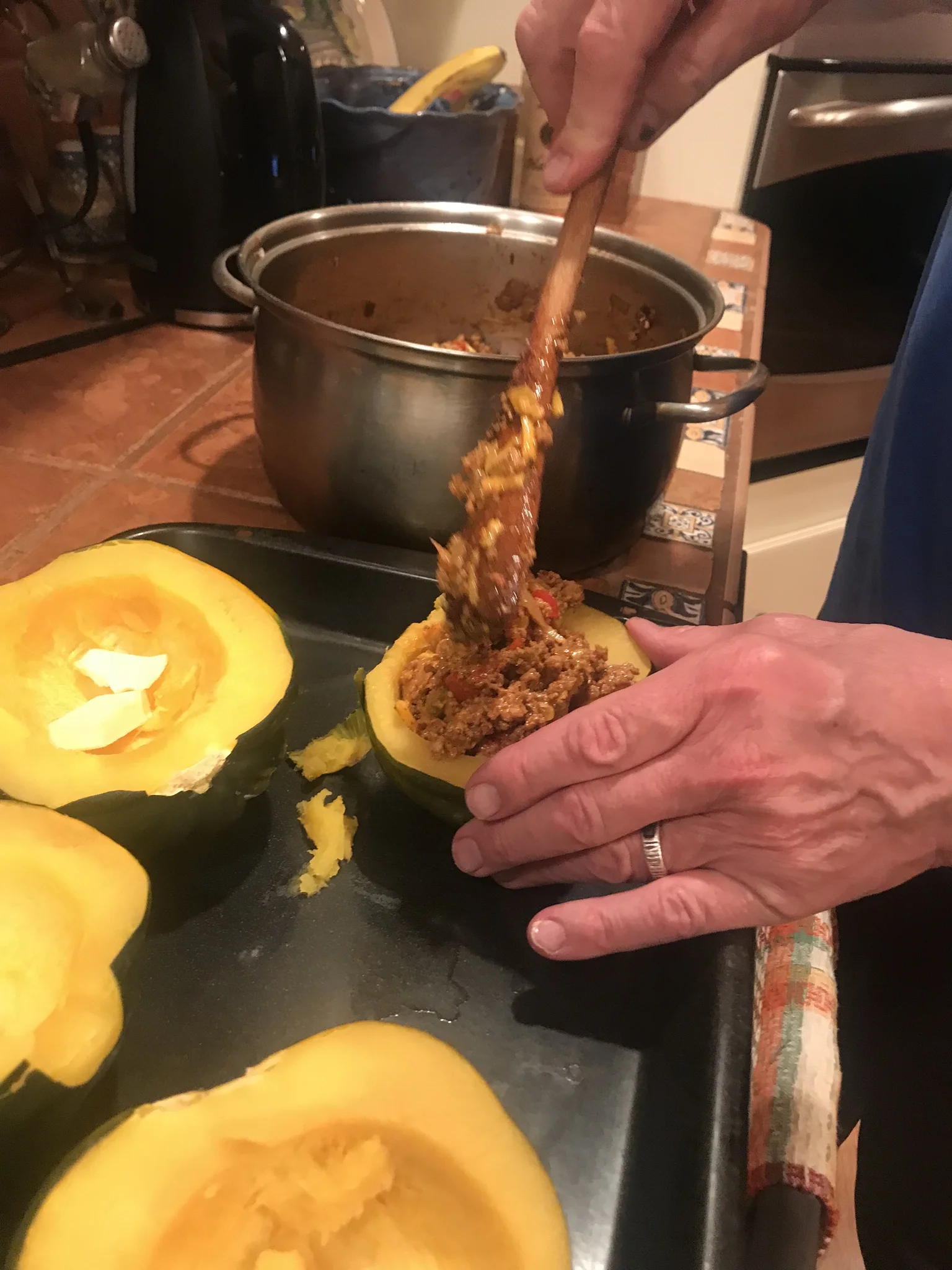 Adding the meat