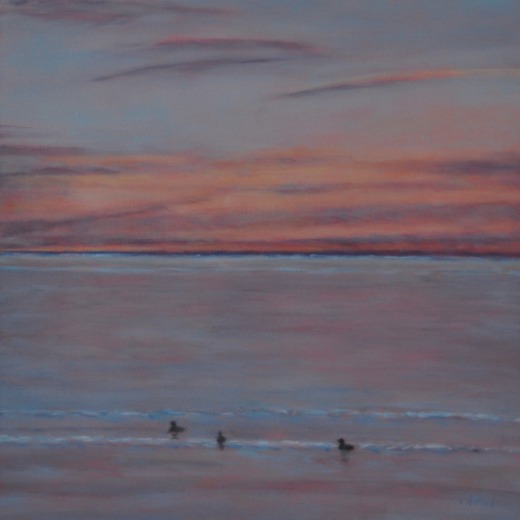 Winter Morning, Buffleheads Calling, Oil on Linen, 18 x 18