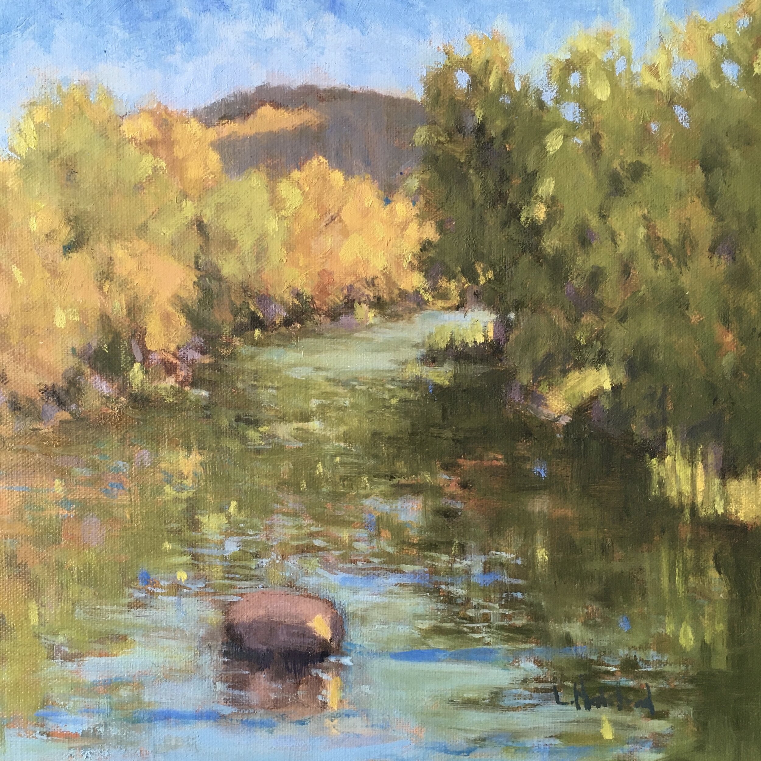 Sky, Mountain, Trees, River, Rock, Oil on linen, 8 x 8