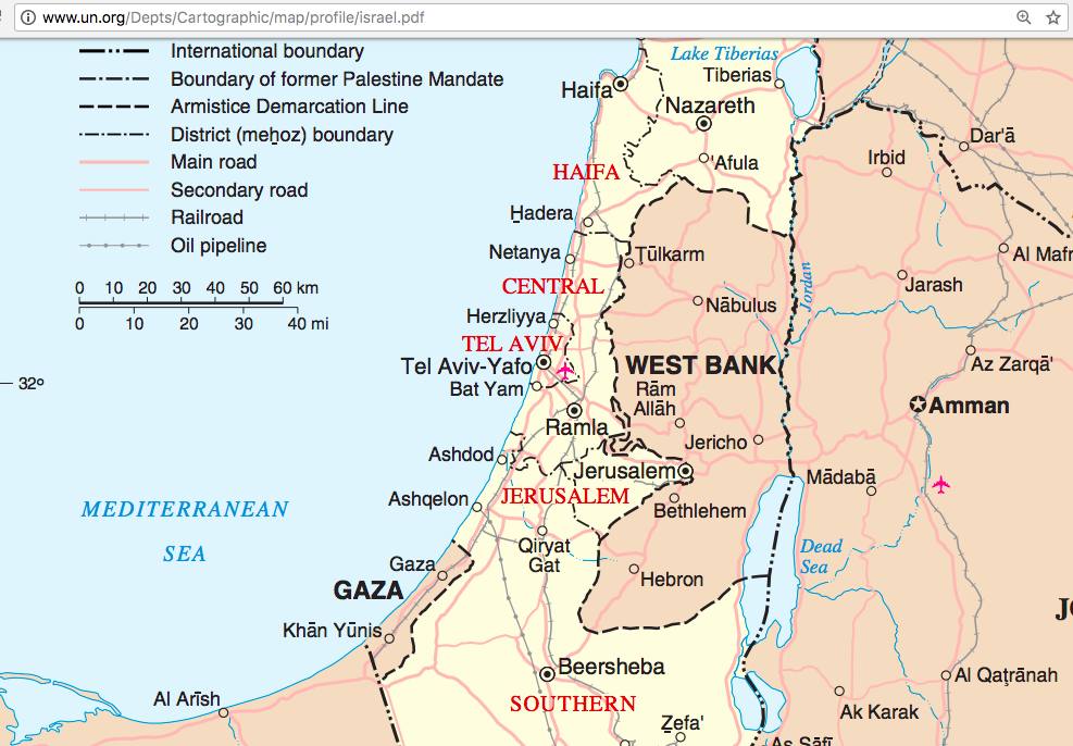 FNs karta över området. Jordaniens huvudstad Amman är markerat med en stjärna. Jerusalem är det inte.