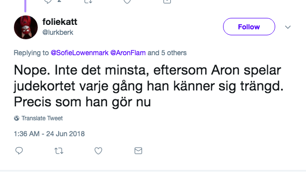 Konfronterad med antisemitism. Svarar lika smidigt som en katt inlindad i folie.