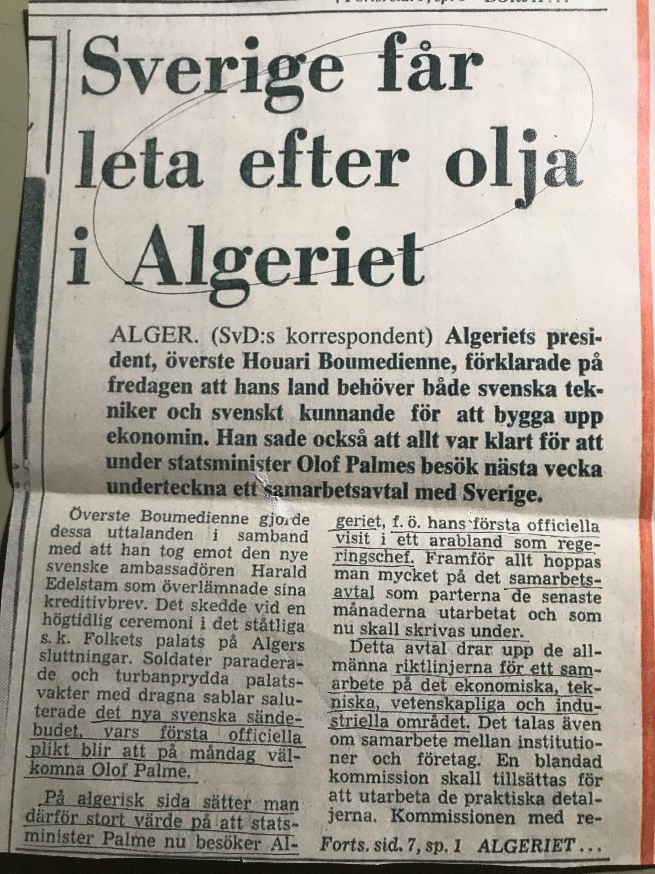 Svenska Dagbladet en vecka innan Palme träffar Arafat i Algier, sid 1, november 1974