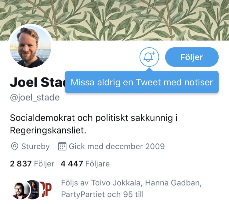 Så här ser Joel Stades personbeskrivning ut på Twitter. Han twittrar väldigt mycket i tjänsten.
