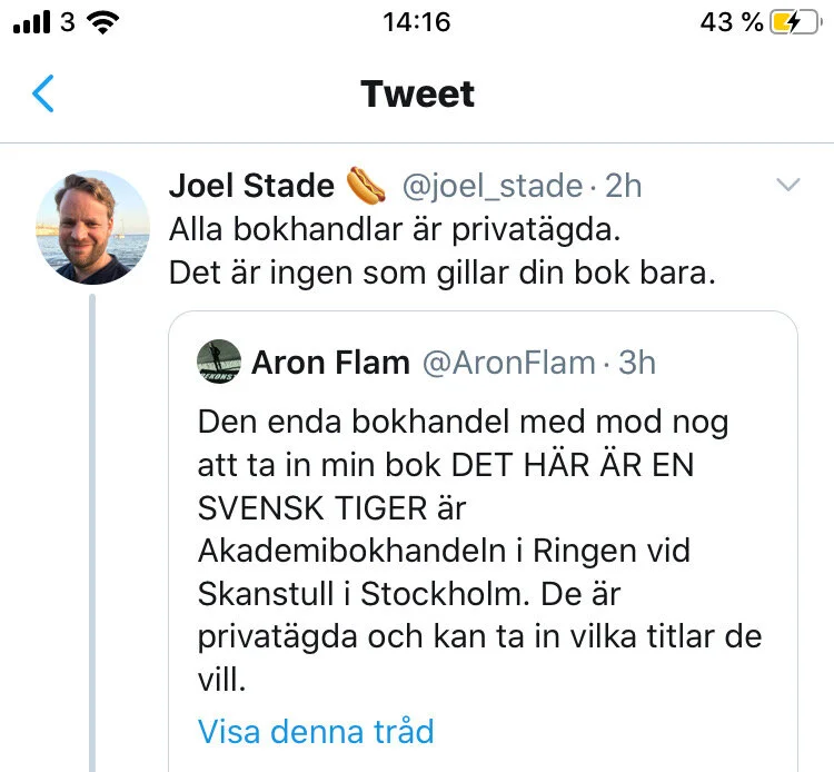 Joel Stades delning med tillhörande kommentar.