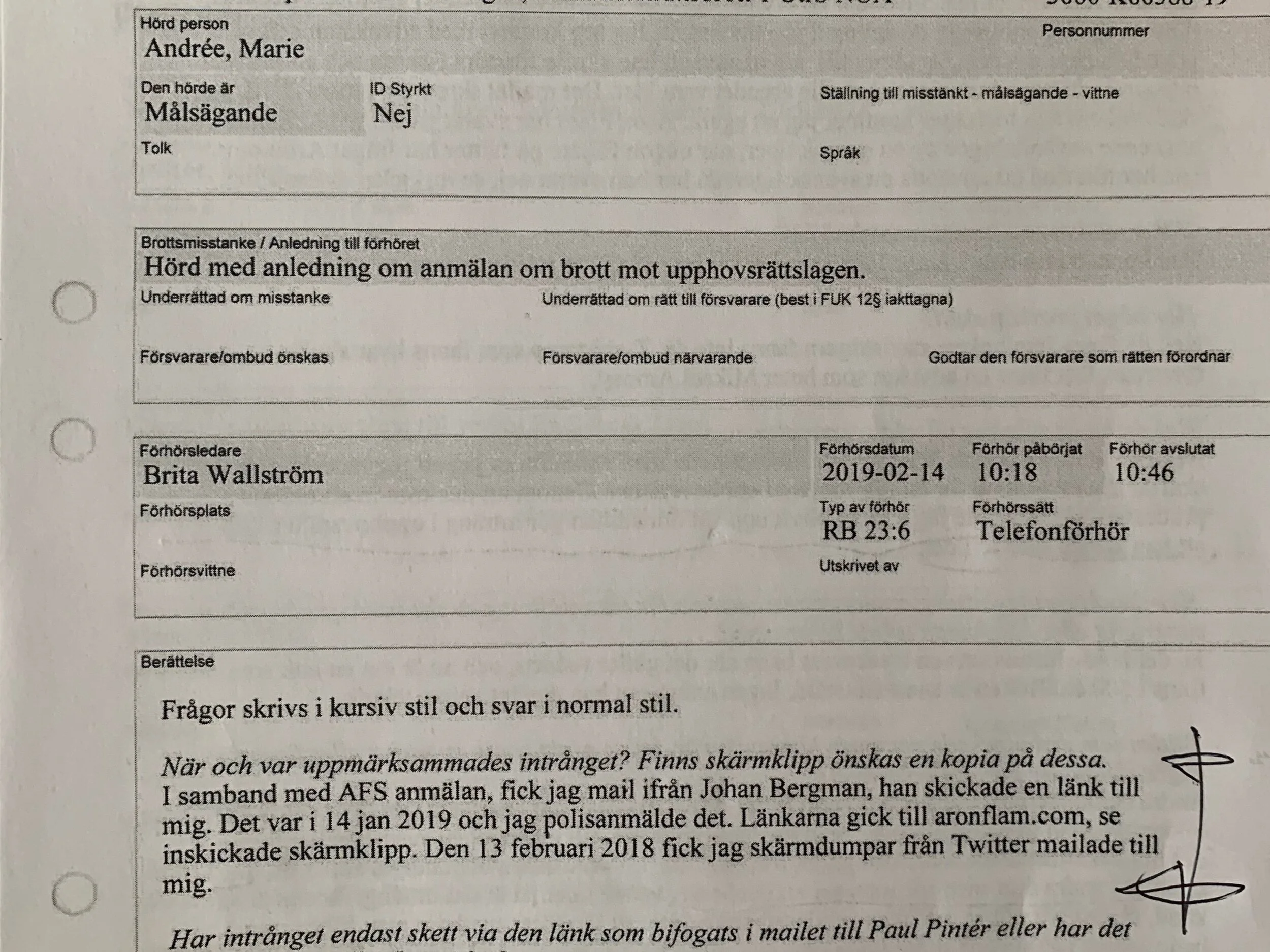 Vem mailade skärmdumpar från Twitter till Marie Andrée?