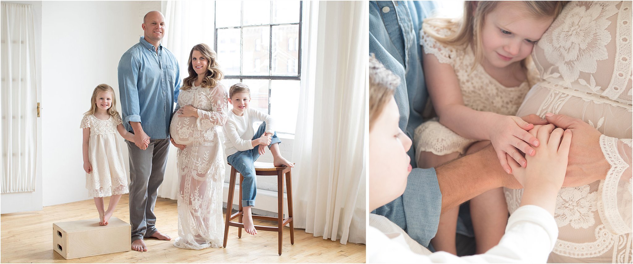 Family of four pose in studio for their maternity pictures. Learn what to expect at your maternity session with Meghan Doll Photography, a Minneapolis maternity photographer. 