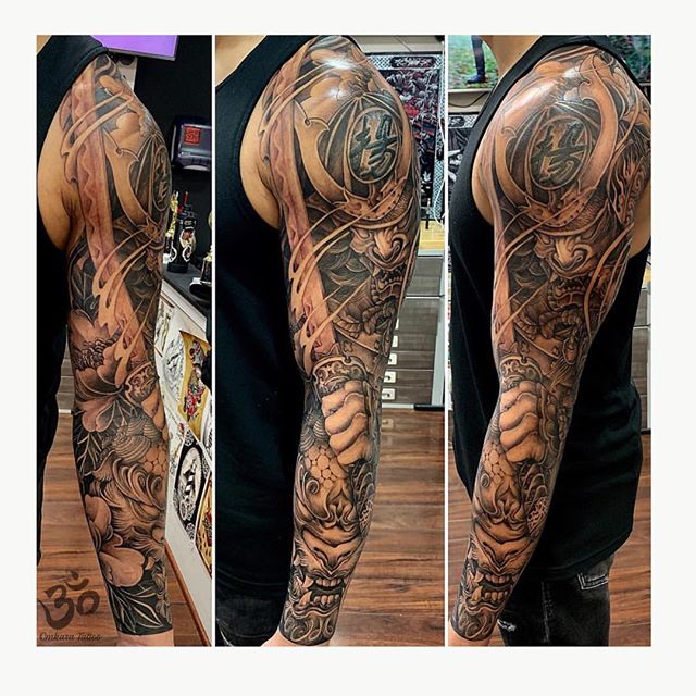 Samurai, FuDog, Peony full sleeve by @nhaomkaratattoo | Nha&rsquo;s books are closed