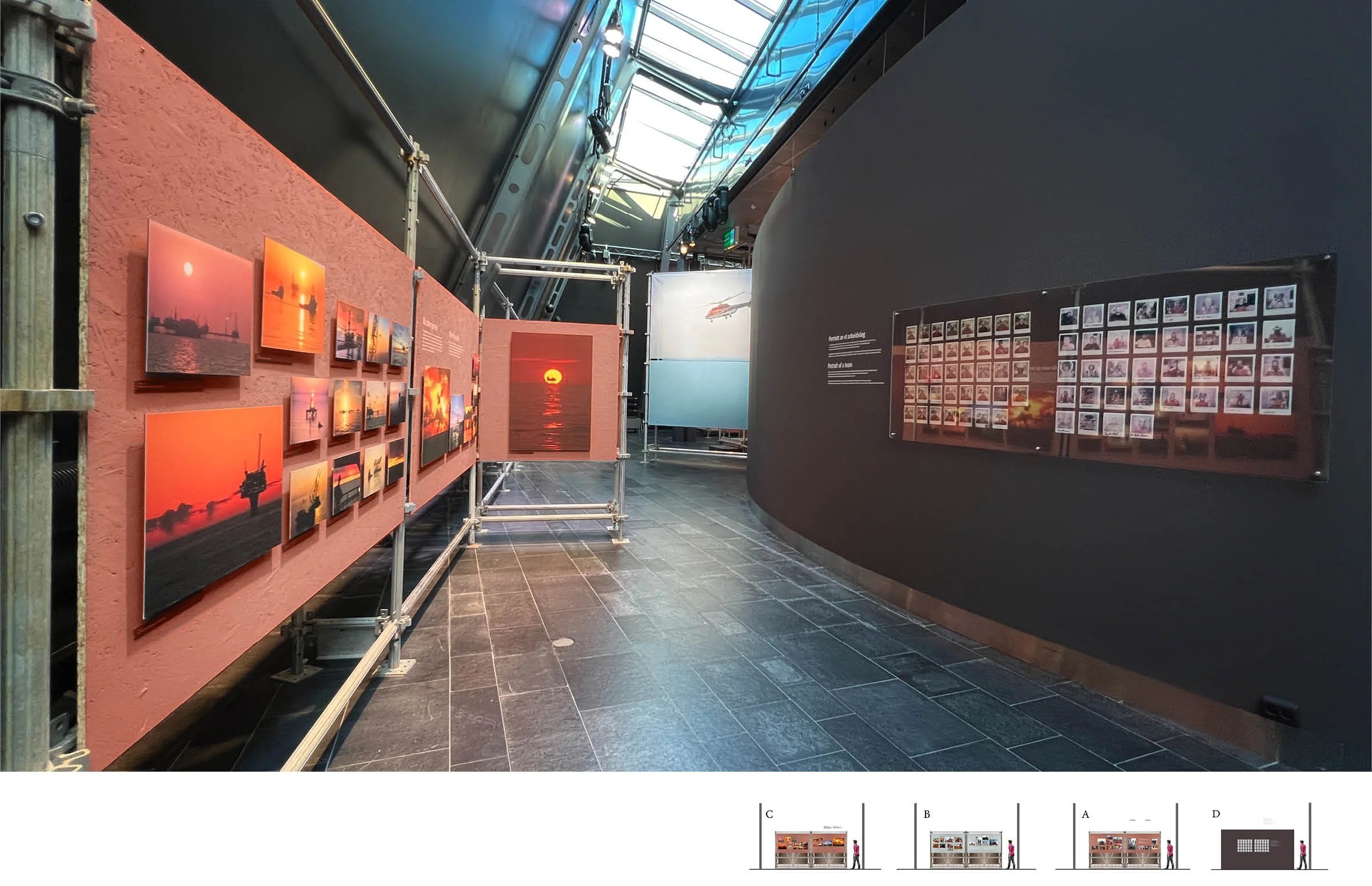 Romlig historiefortelling i Fotografisk hukommelse | Utstillingsdesign for Norsk Oljemuseum

Utstillingen er komponert som en vandring gjennom norsk oljehistorie. Fotografiene er ikke presentert som en lineær rekke på vegger, men plassert slik at d