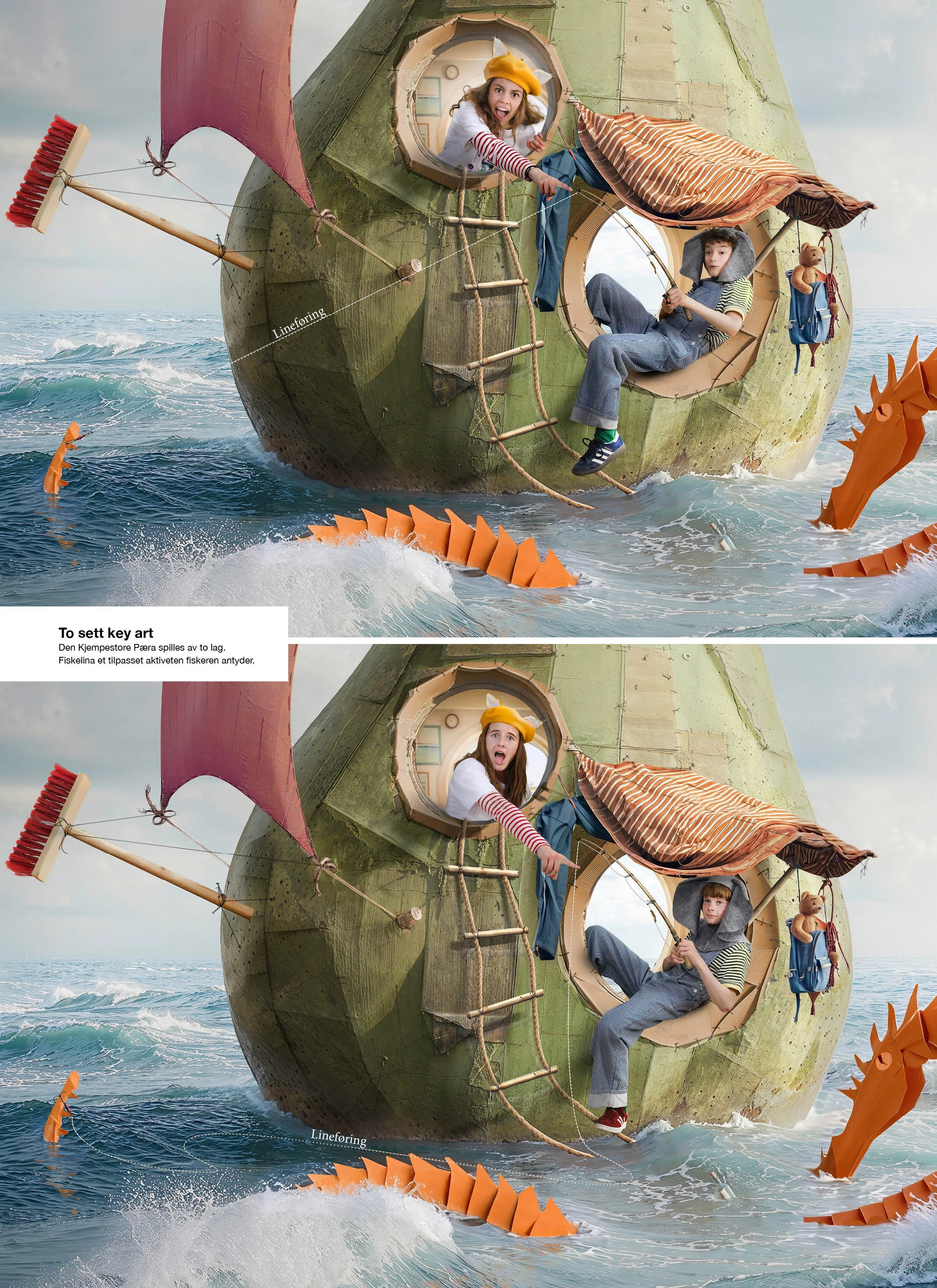 To ensembler – to key art
Den Kjempestore Pæra ble spilt av to ulike barneensembler. Jeg utviklet derfor to versjoner av key art-en, der skuespillerne og fiskesnøret ble tilpasset hvert lag, mens komposisjon, stemning og historiefortelling ble bevart