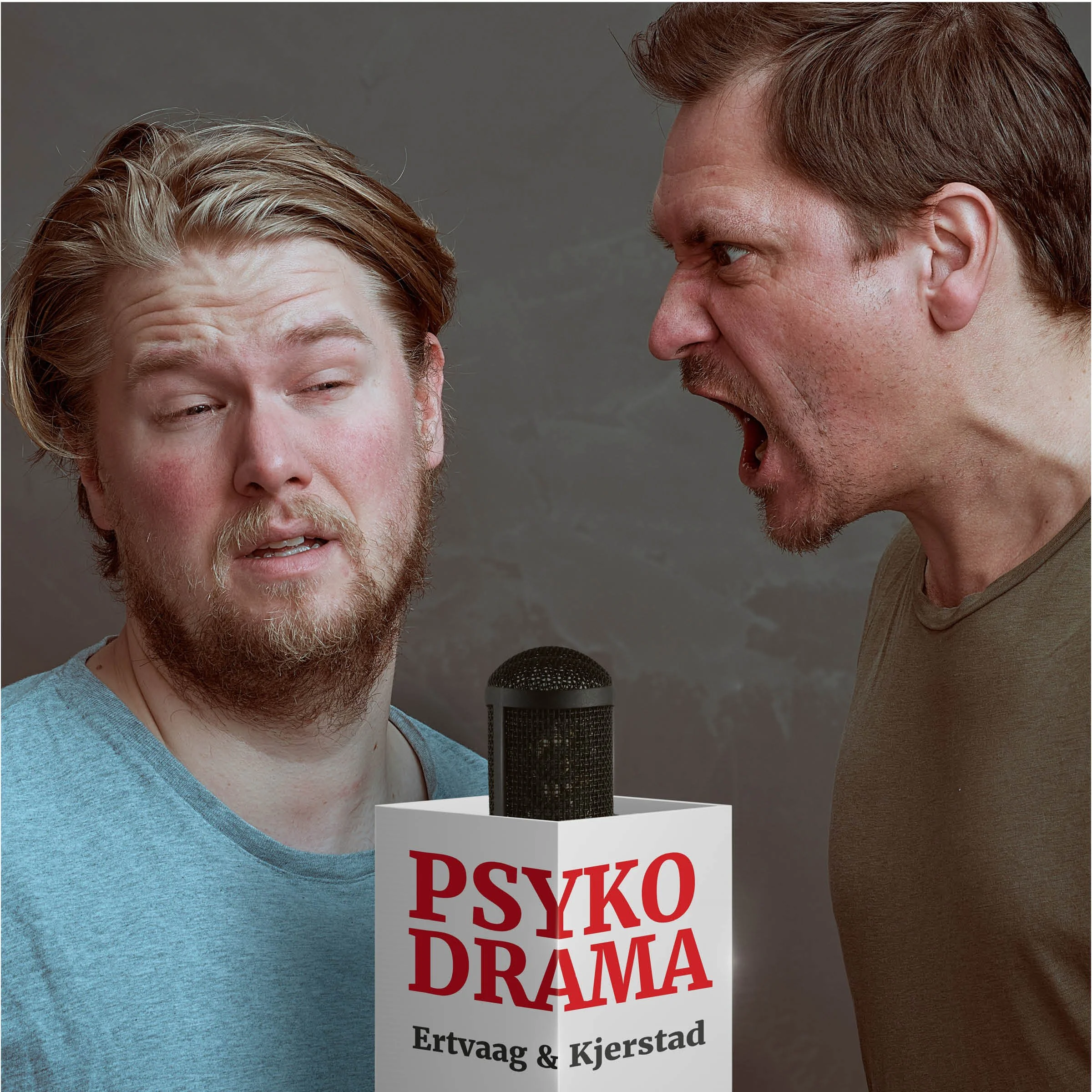 Portrett av Per Kjerstad og Ole Christoffer Ertvaag for podcasten Psyko Drama. Kampanjefoto og visuell identitet fotografert av Stig Håvard Dirdal.