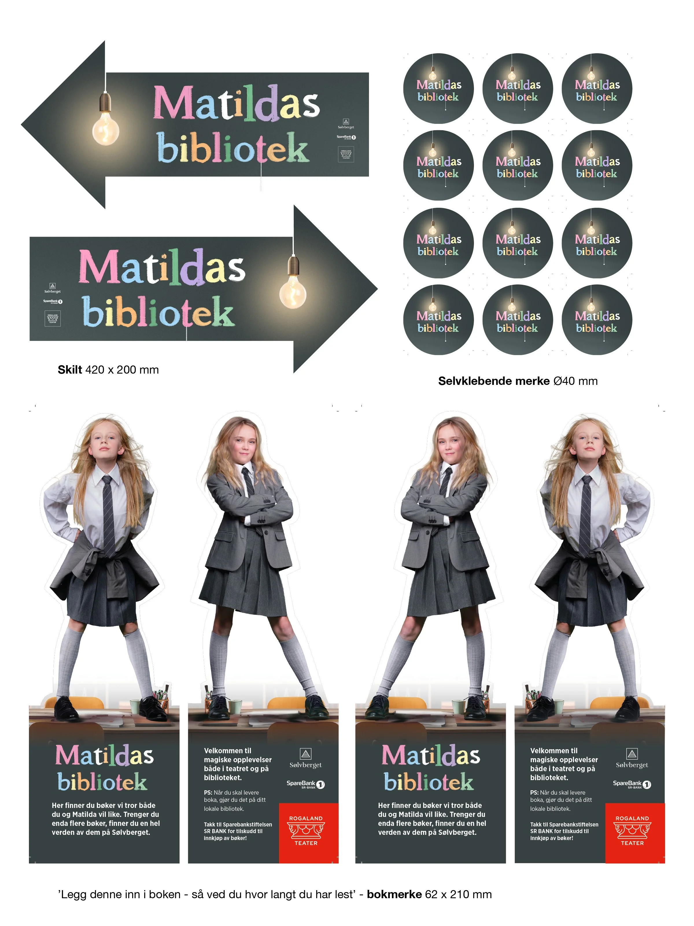 Design og produksjon av profileringsmateriell til Matildas bibliotek, utviklet som en del av samarbeidet mellom Rogaland Teater og Sølvberget bibliotek. Prosjektet omfattet skilt, bokmerker, klistremerker og visuelle elementer som gjorde biblioteket 