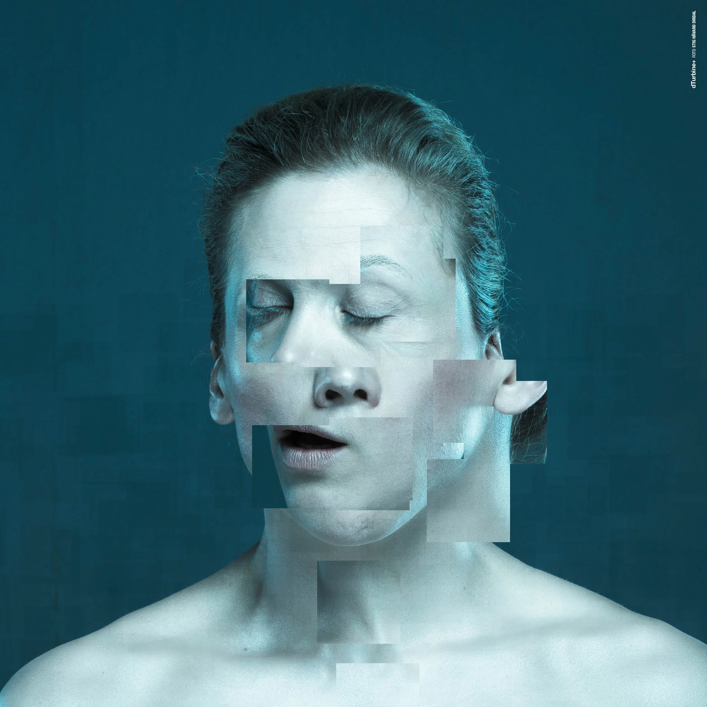 Kampanjefotografi for Solaris Korrigert ved Det Norske Teatret. Fragmentert portrett som utforsker identitet, minner og teknologi. Foto: Stig Håvard Dirdal.