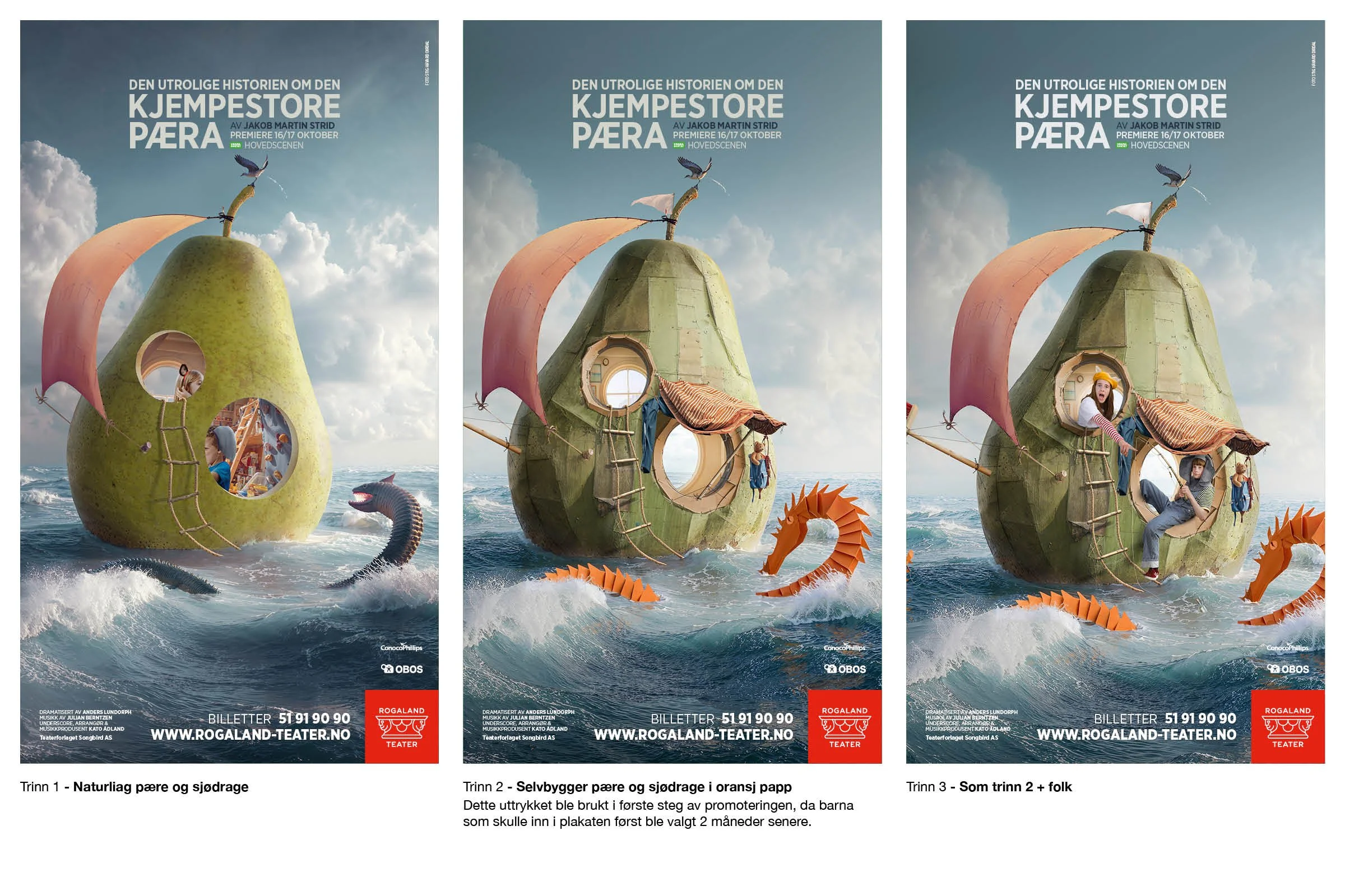 Fra konsept til ferdig kampanje
Tre utviklingsfaser av key art-en til Den Kjempestore Pæra. Prosessen viser hvordan idéen ble raffinert fra en enkel pære og sjødrage til en fantasifull farkost med fotograferte skuespillere. Den mellomste versjonen bl
