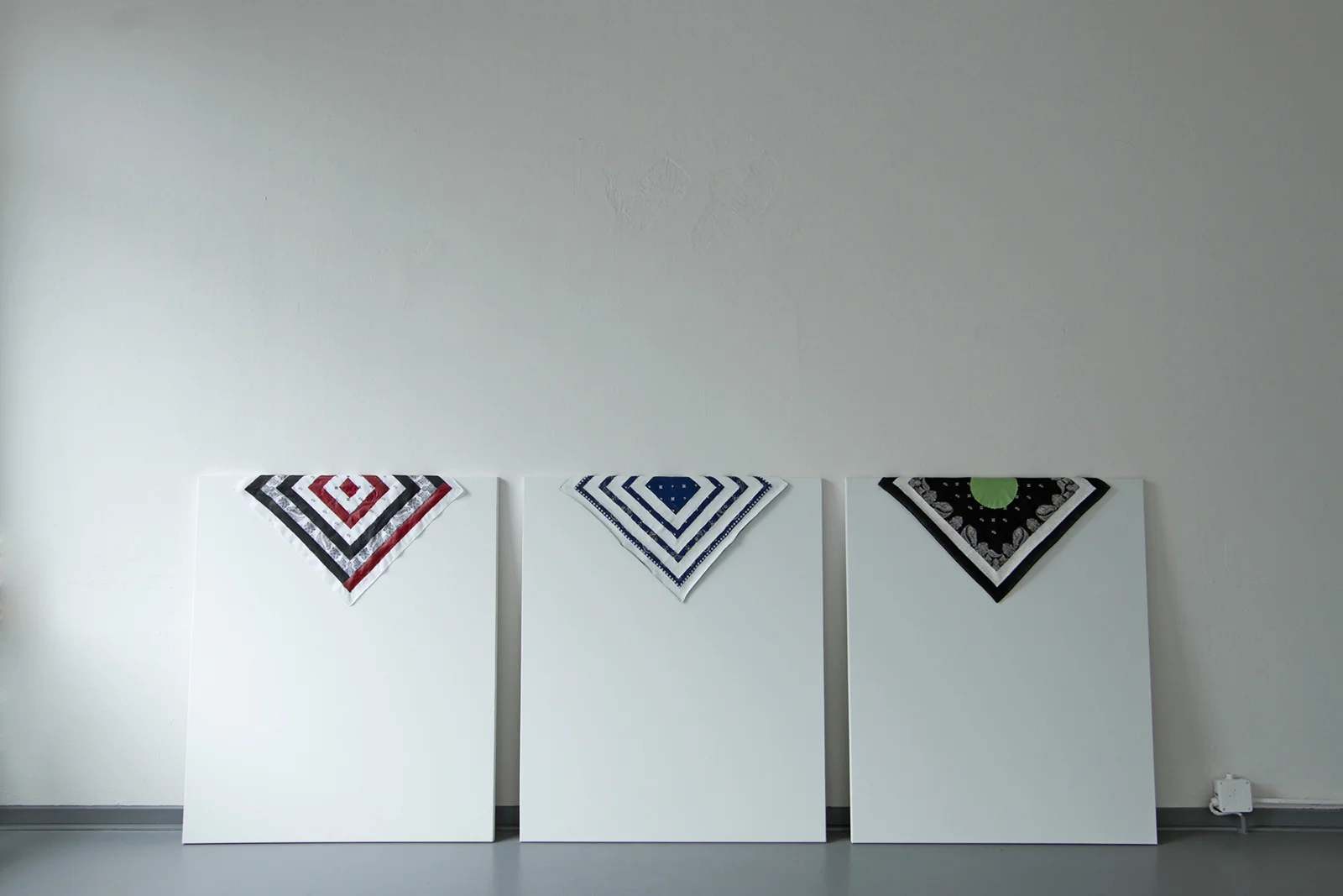 A Wilderness Carefully Composed, 2012, acrylic on bandanas, gesso on canvas, 48”x 113”x 8”