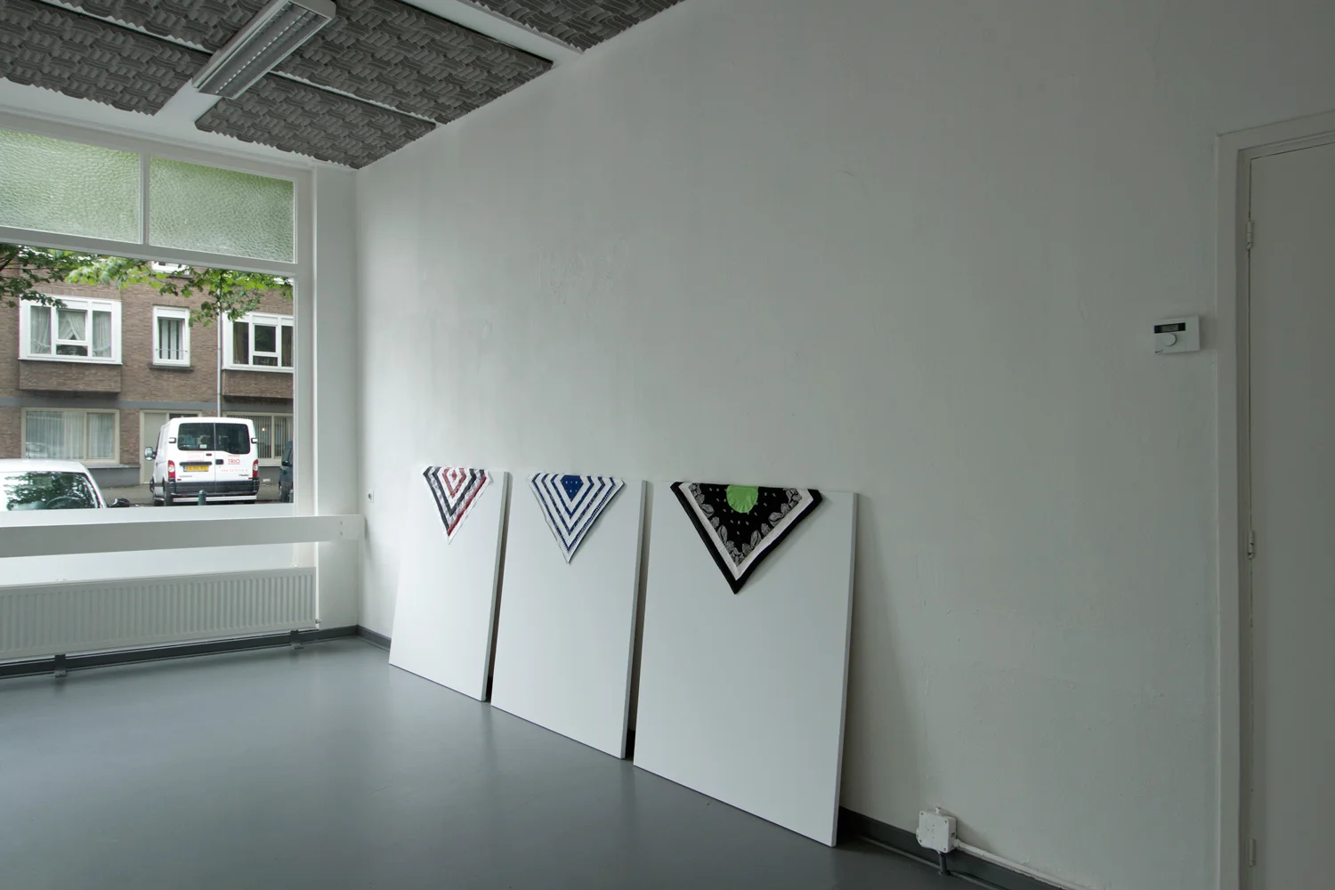 A Wilderness Carefully Composed (Installation View) , 2012, acrylic on bandanas, gesso on canvas, 48”x 113”x 8”