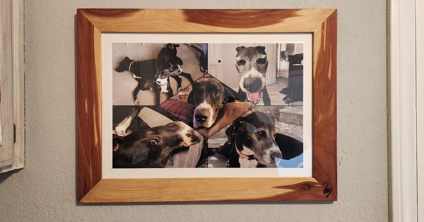 Made a sentimental Christmas gift this year. My parent's pup passed away 2 days before Thanksgiving, and my mom has been missing her like crazy. So I made a collage of pics I had on my phone and used a beautiful piece of cedar that I had hanging arou