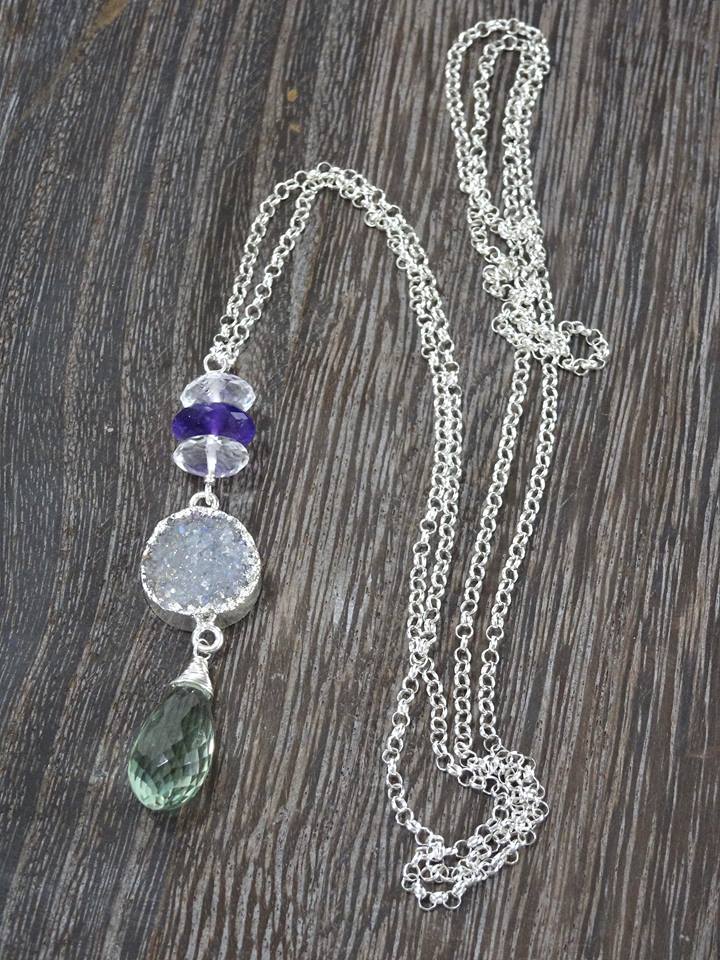 Quartz Crystal, Green Amethyst,  Druzy Quartz and Sterling Silver Necklace