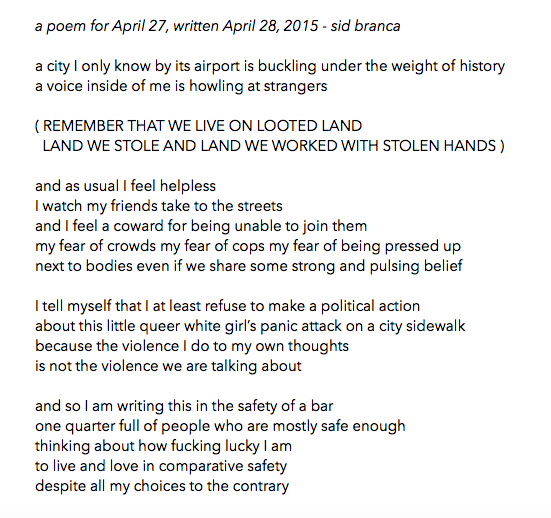 manymistypes :
April 27, 2015 - sidbranca / thisbedisaship
on how there’s a time and a place for making things about my feelings, and how often I suspect that a poem is one and a protest is not.