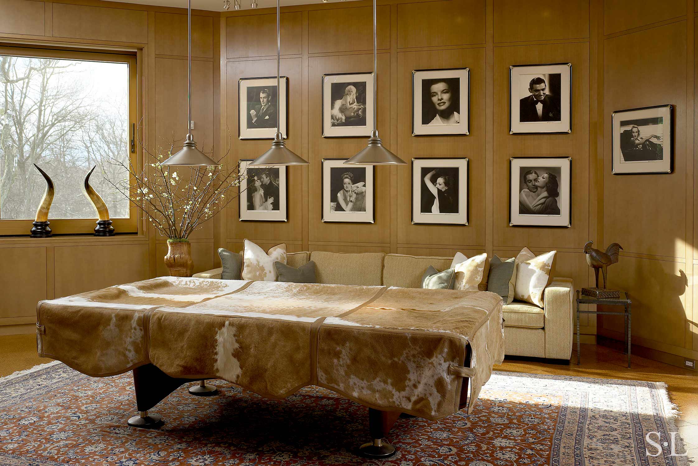 custom upholstery, throw pillows & pool table throw Interior Architecture & Design: Suzanne Lovell, Inc.