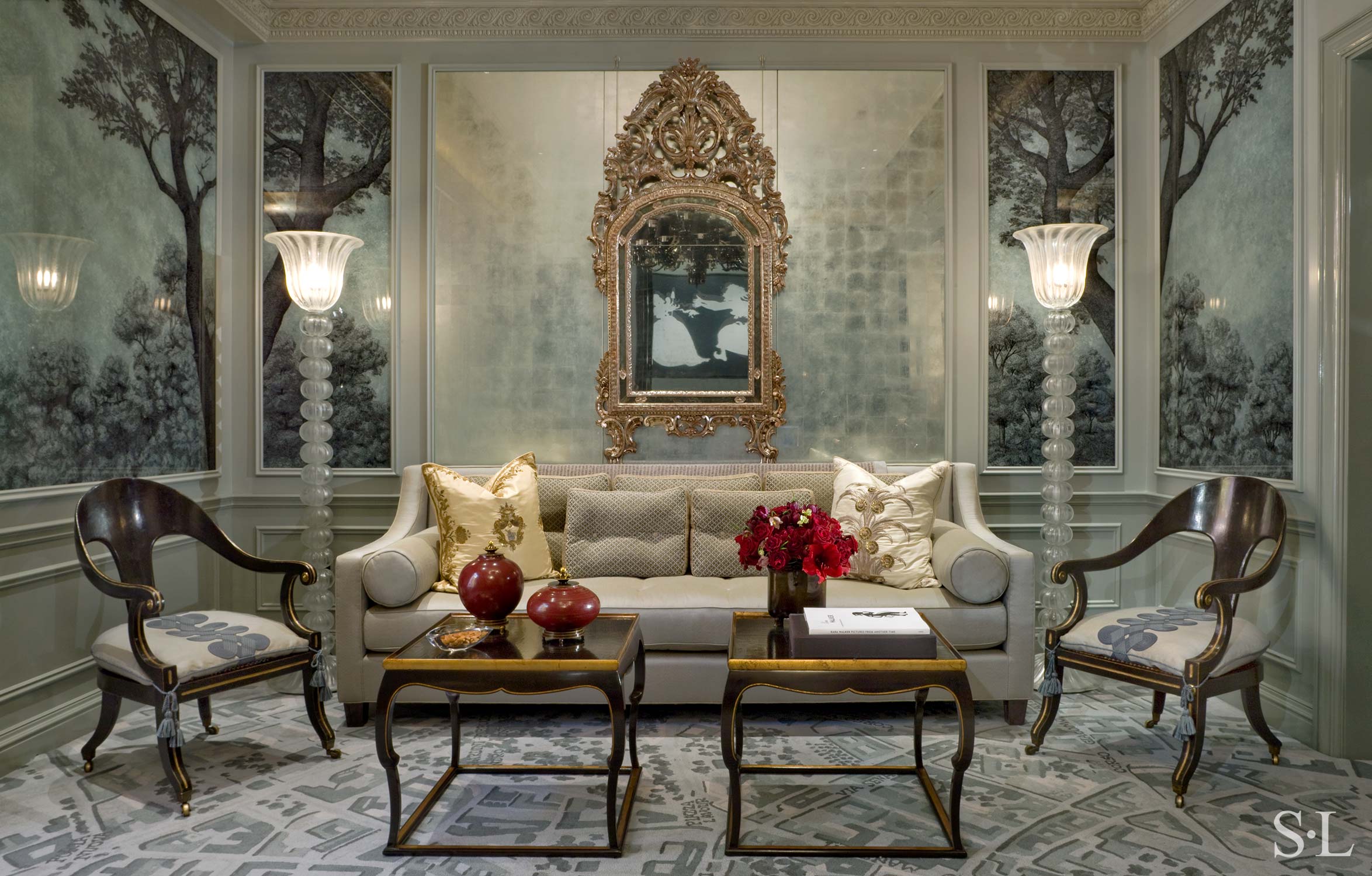 custom sofa, seat upholstery with tassles & decorative throw pillows Interior Architecture & Design: Suzanne Lovell, Inc.