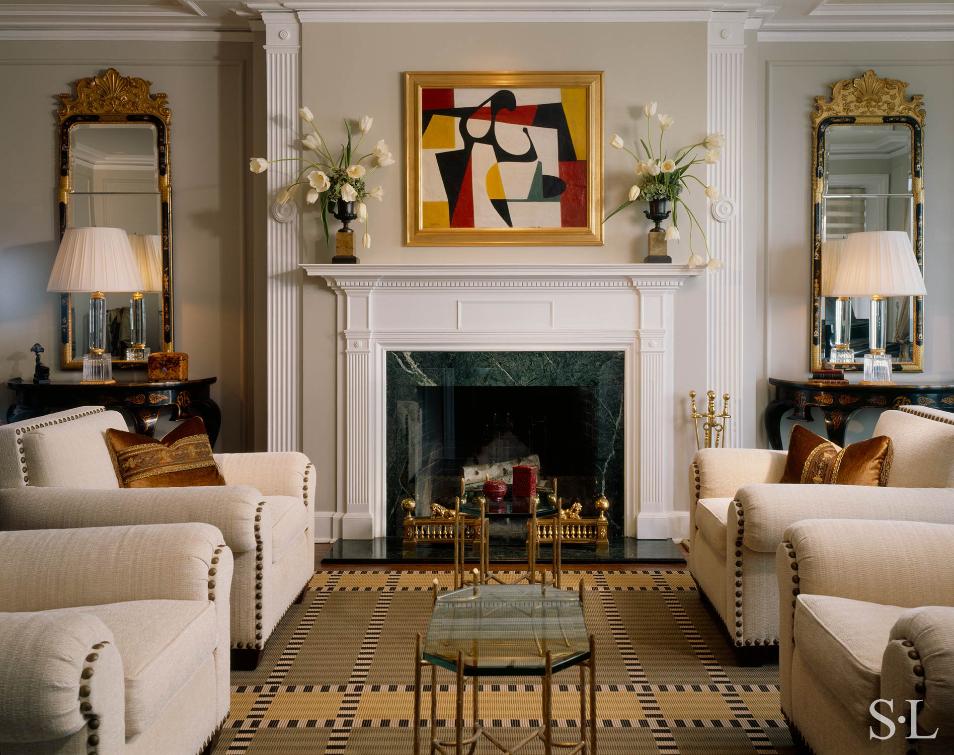 custom rolled arm lounge chairs & decorative throw pillows Interior Architecture & Design: Suzanne Lovell, Inc.