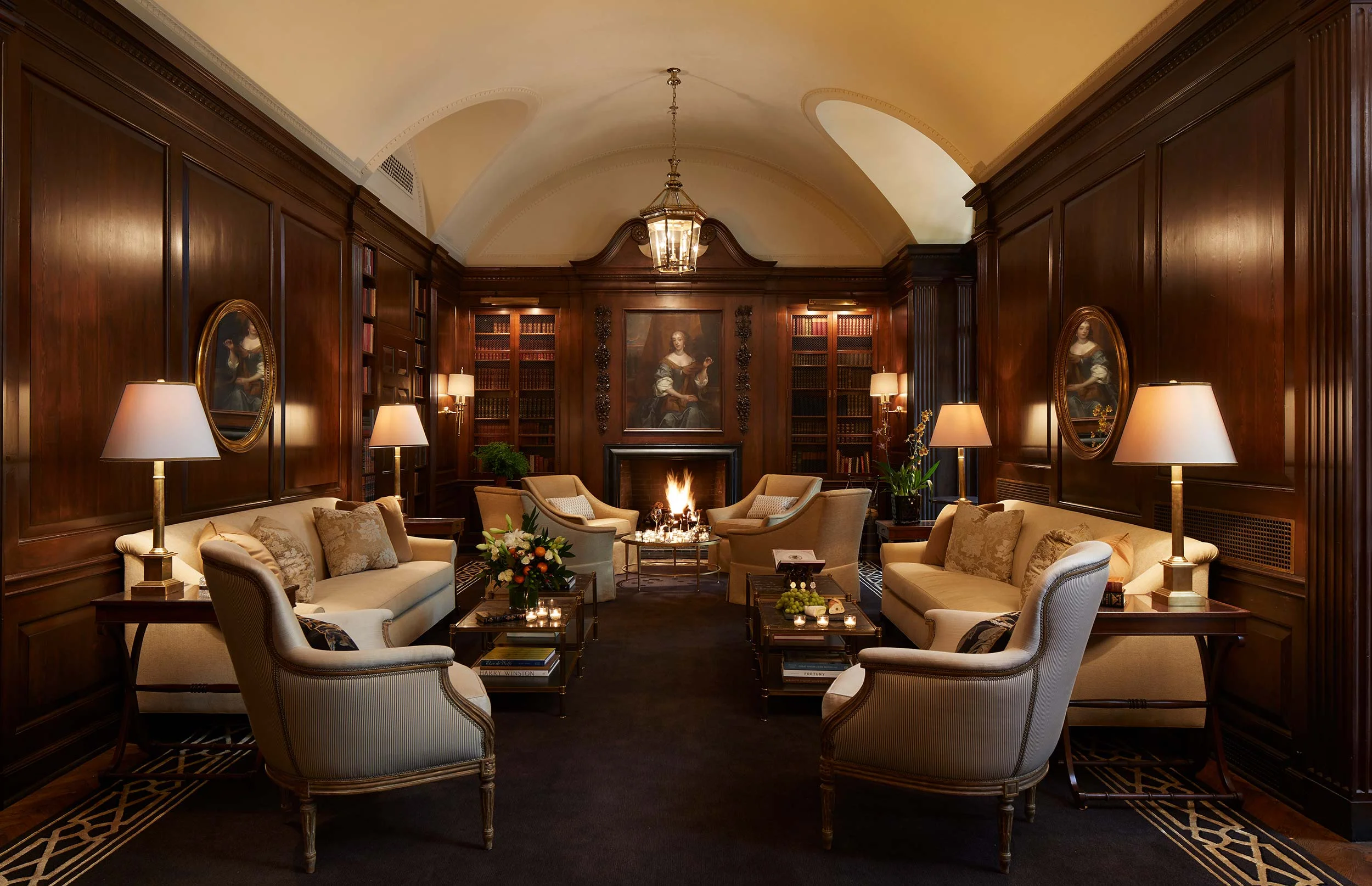 custom sofas, custom skirted lounge chairs, reupholstered bergere arm chairs & decorative throw pillows Interior Design: Craig & Company for Women's Athletic Club, Chicago