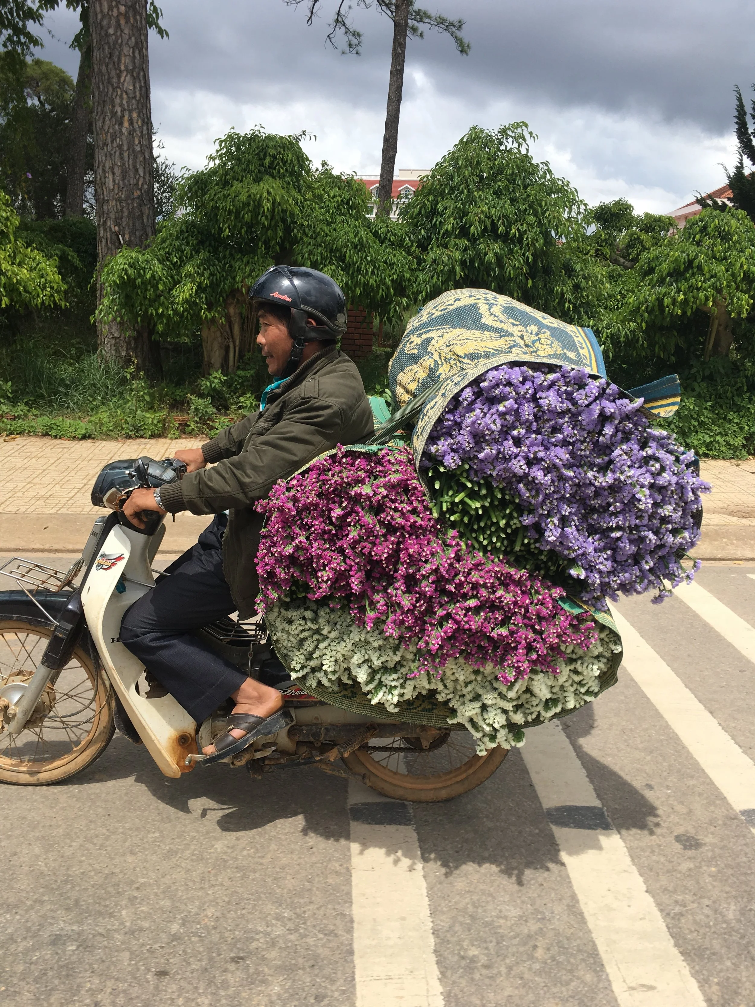 Llevar todas estas flores en una moto? Parece imposible.
