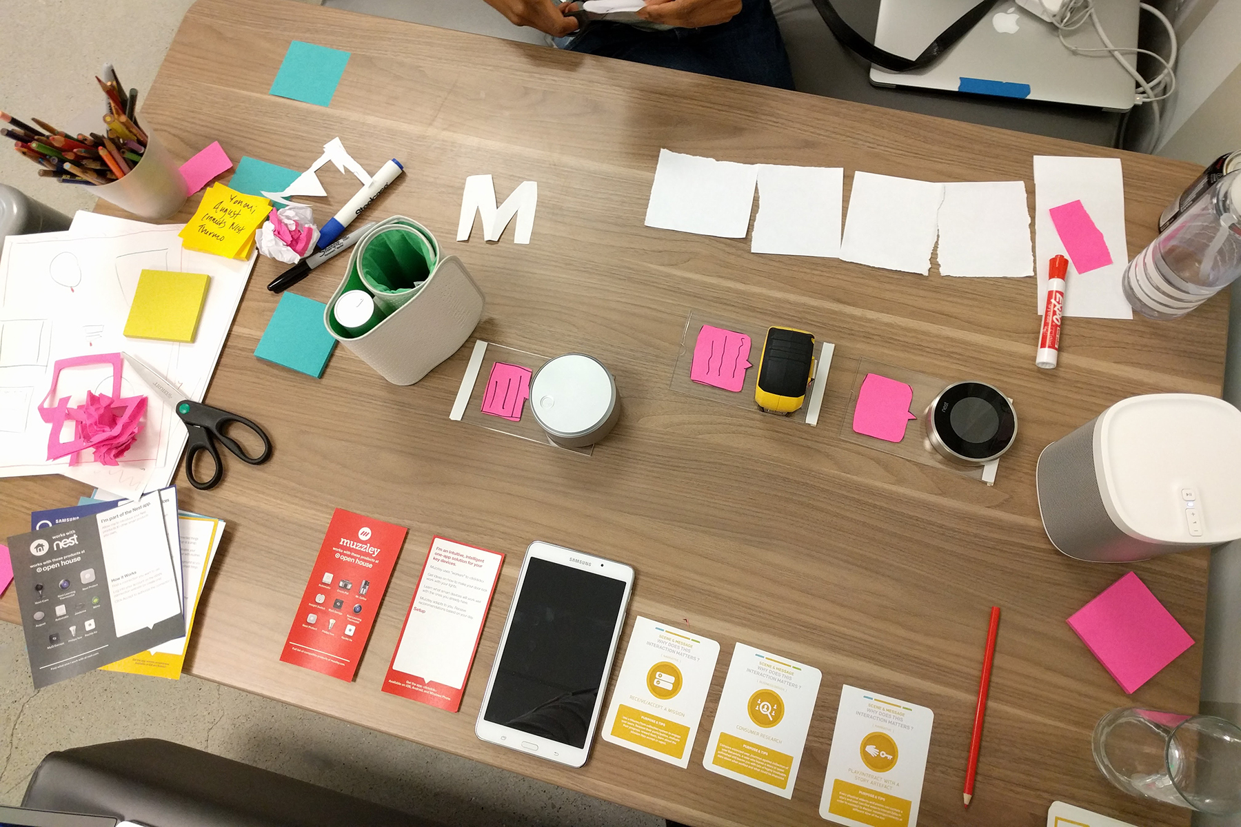 Paper prototypes of an IoT platform and device compatibility experience, eventually refined for the final Open House design.