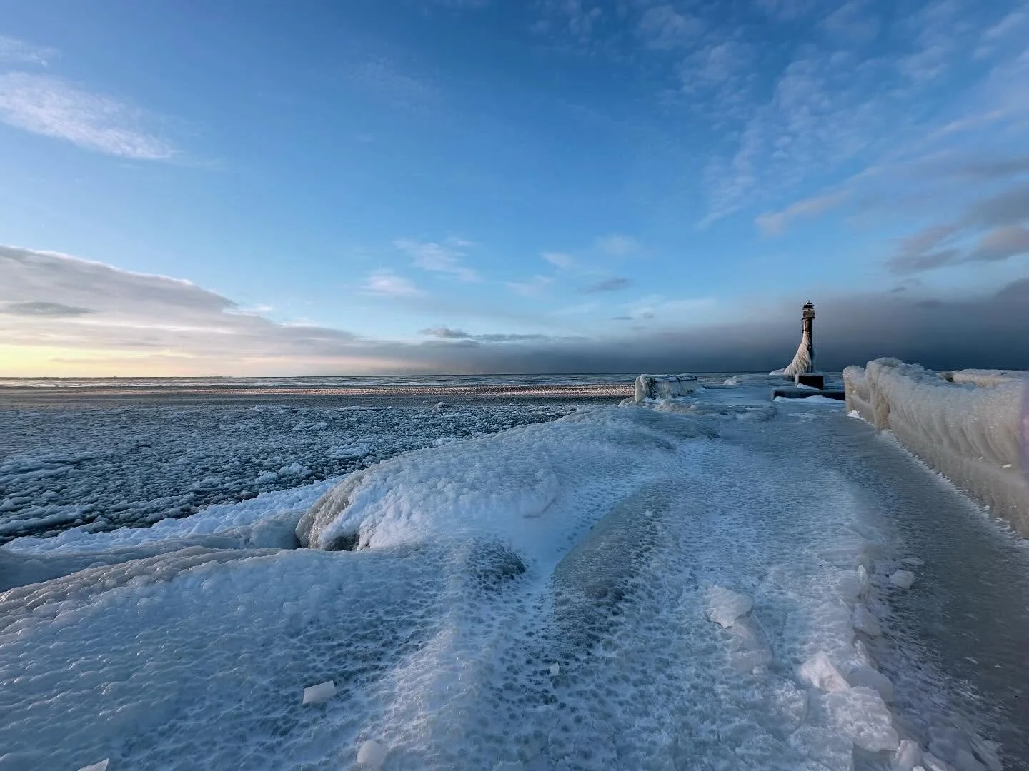 Ice walk down to the lake in Webster and Irondequoit at sunset, New Years Day