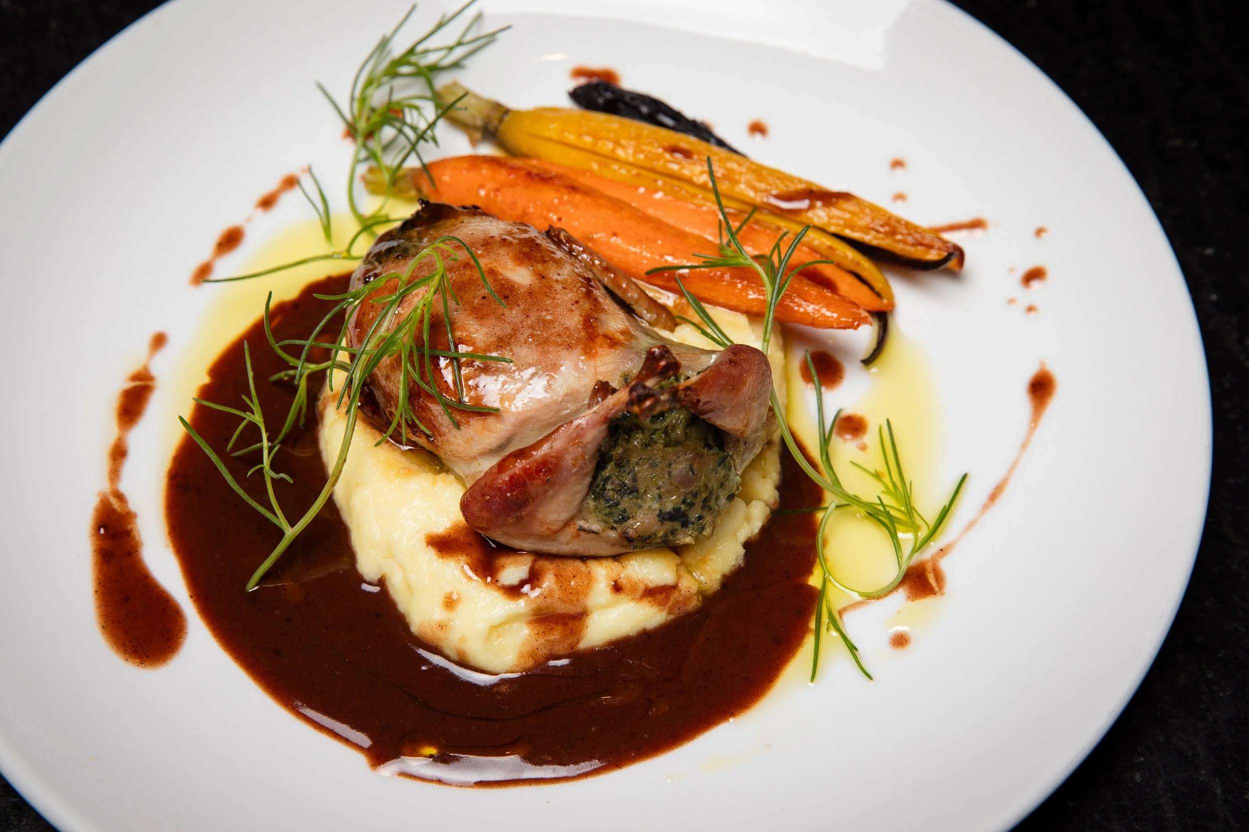 QUAGLIA - sous vide & roasted semi boneless Plantation Farms quail, stuffed with spinach, beef & pork meat, parsnip puree, buttered baby rainbow carrots, Chianti wine reduction sauce